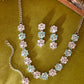 VOJ Silver Plated AD With Nude Green And Light Pink Flower Jewellery Set With Mangtikka - Swadesiicart