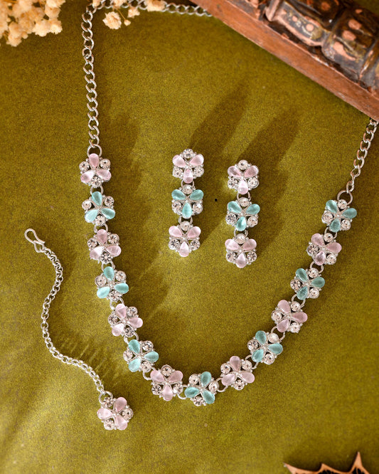 VOJ Silver Plated AD With Nude Green And Light Pink Flower Jewellery Set With Mangtikka - Swadesiicart