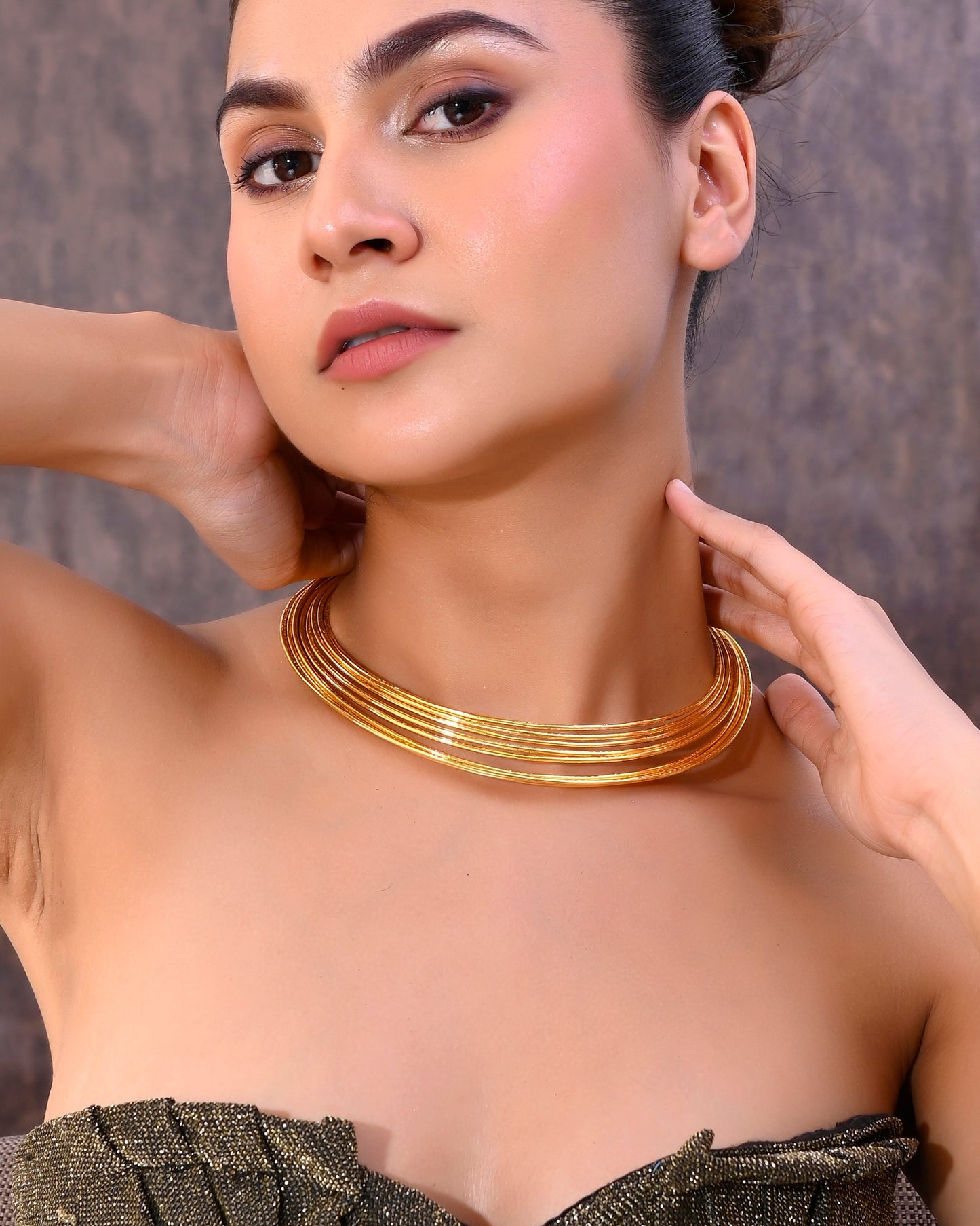 VOJ Gold-Polished Muti Layared Hasli Necklace | Swadesiicart