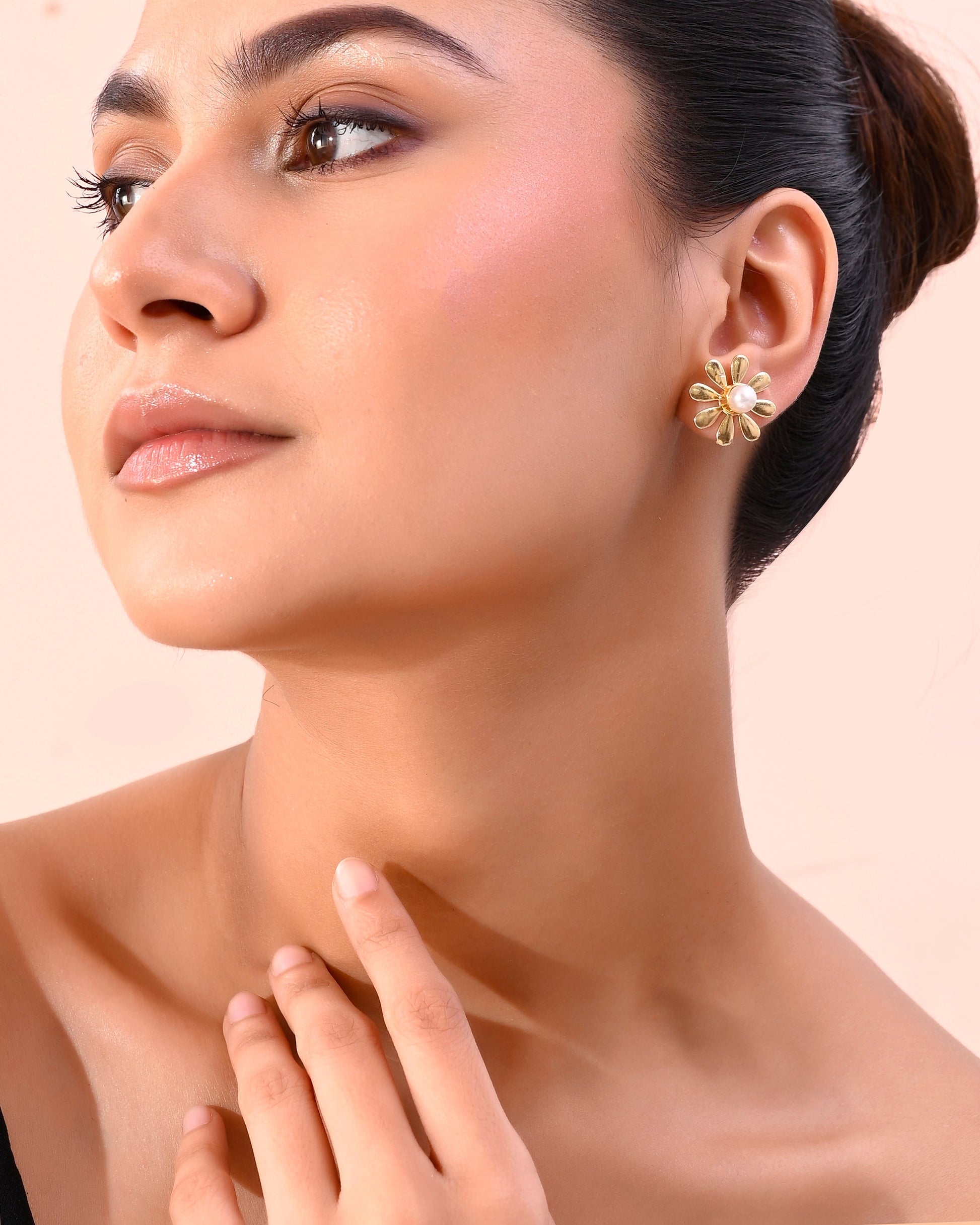 VOJ Gold-Polished Flower Shaped Pearl Stud Earrings - Swadesiicart