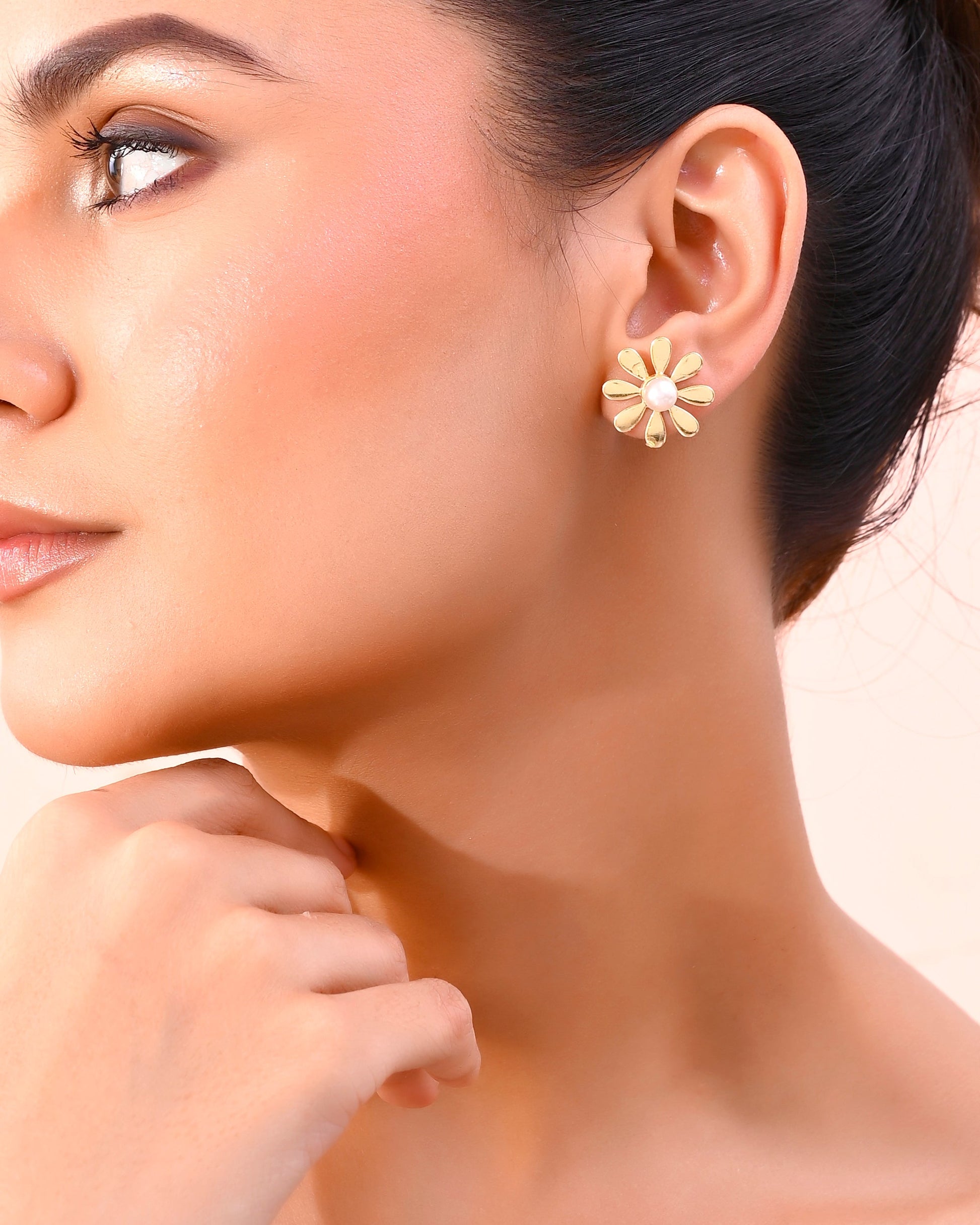 VOJ Gold-Polished Flower Shaped Pearl Stud Earrings - Swadesiicart