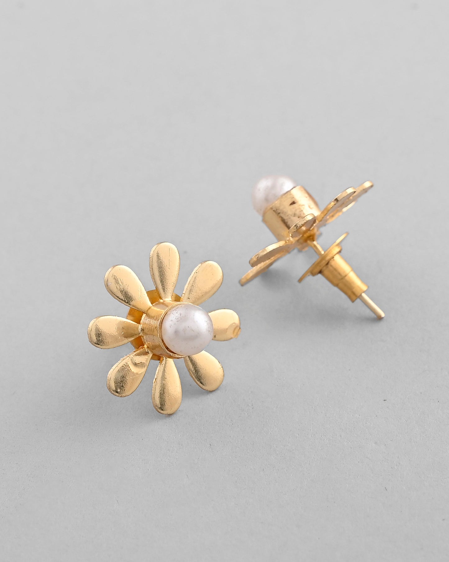 VOJ Gold-Polished Flower Shaped Pearl Stud Earrings - Swadesiicart
