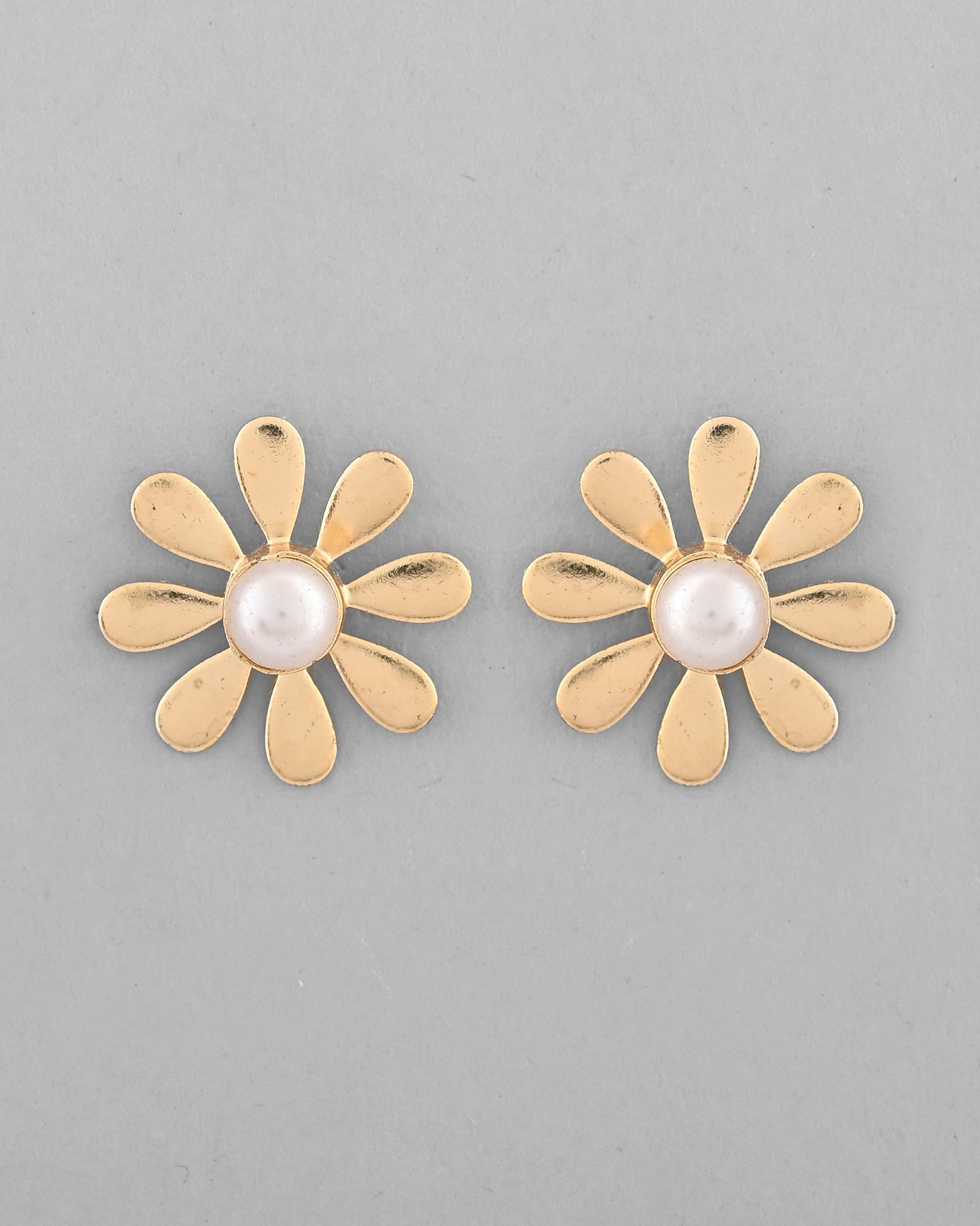 VOJ Gold-Polished Flower Shaped Pearl Stud Earrings - Swadesiicart