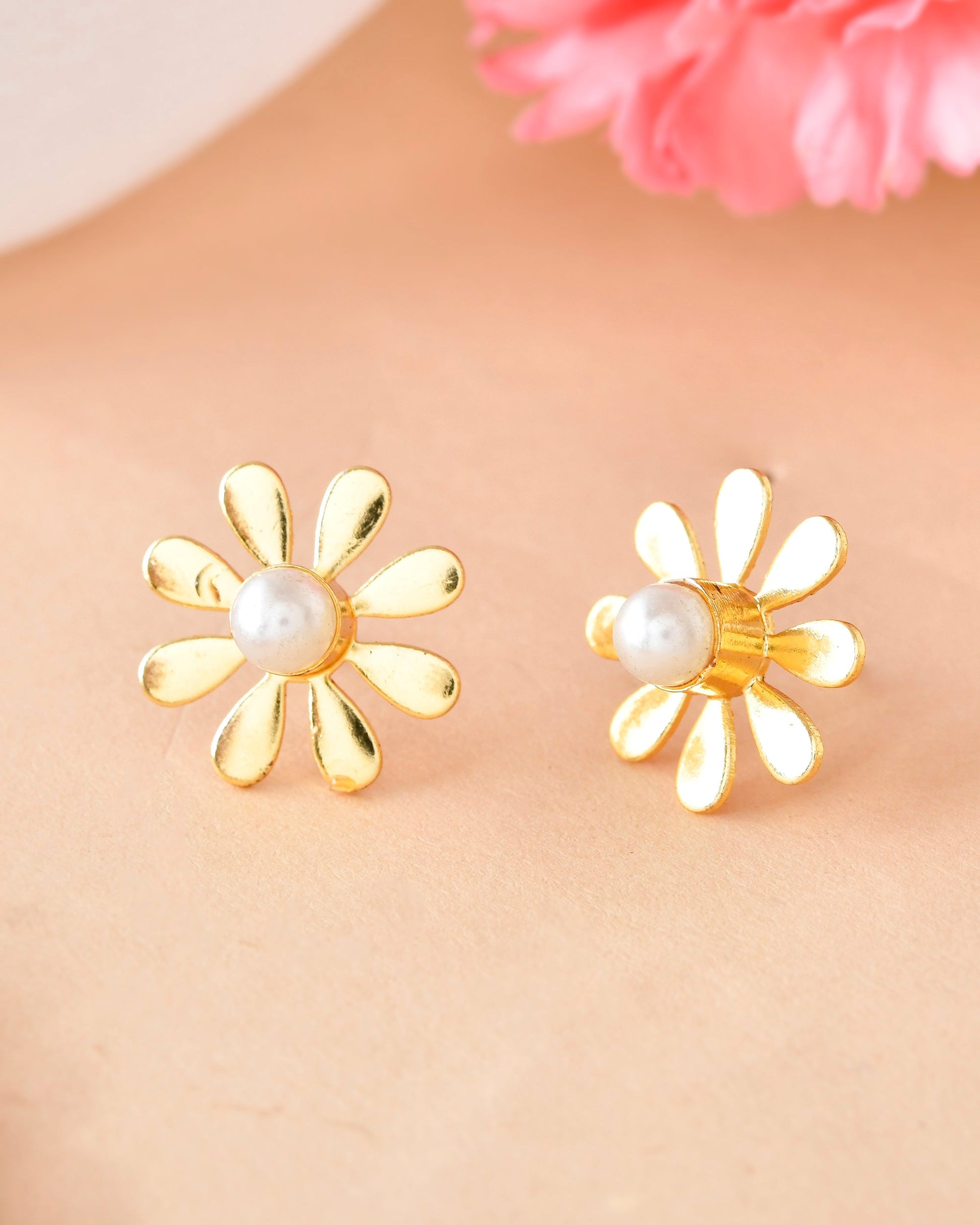 VOJ Gold-Polished Flower Shaped Pearl Stud Earrings - Swadesiicart
