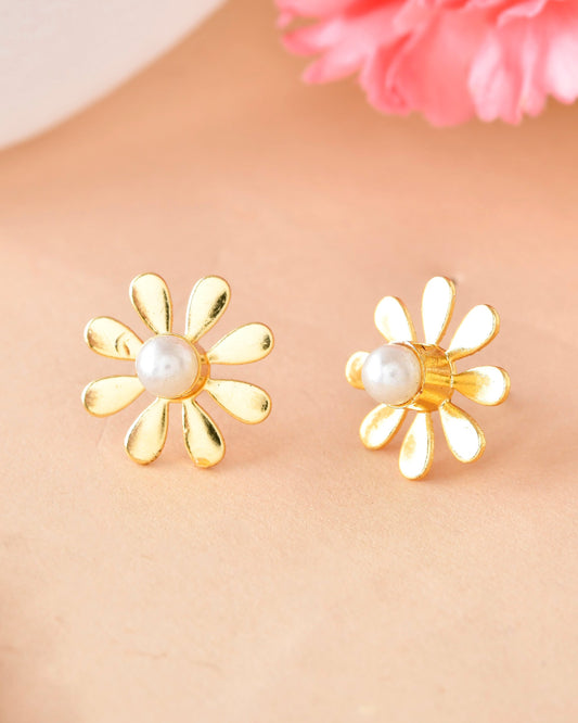 VOJ Gold-Polished Flower Shaped Pearl Stud Earrings - Swadesiicart