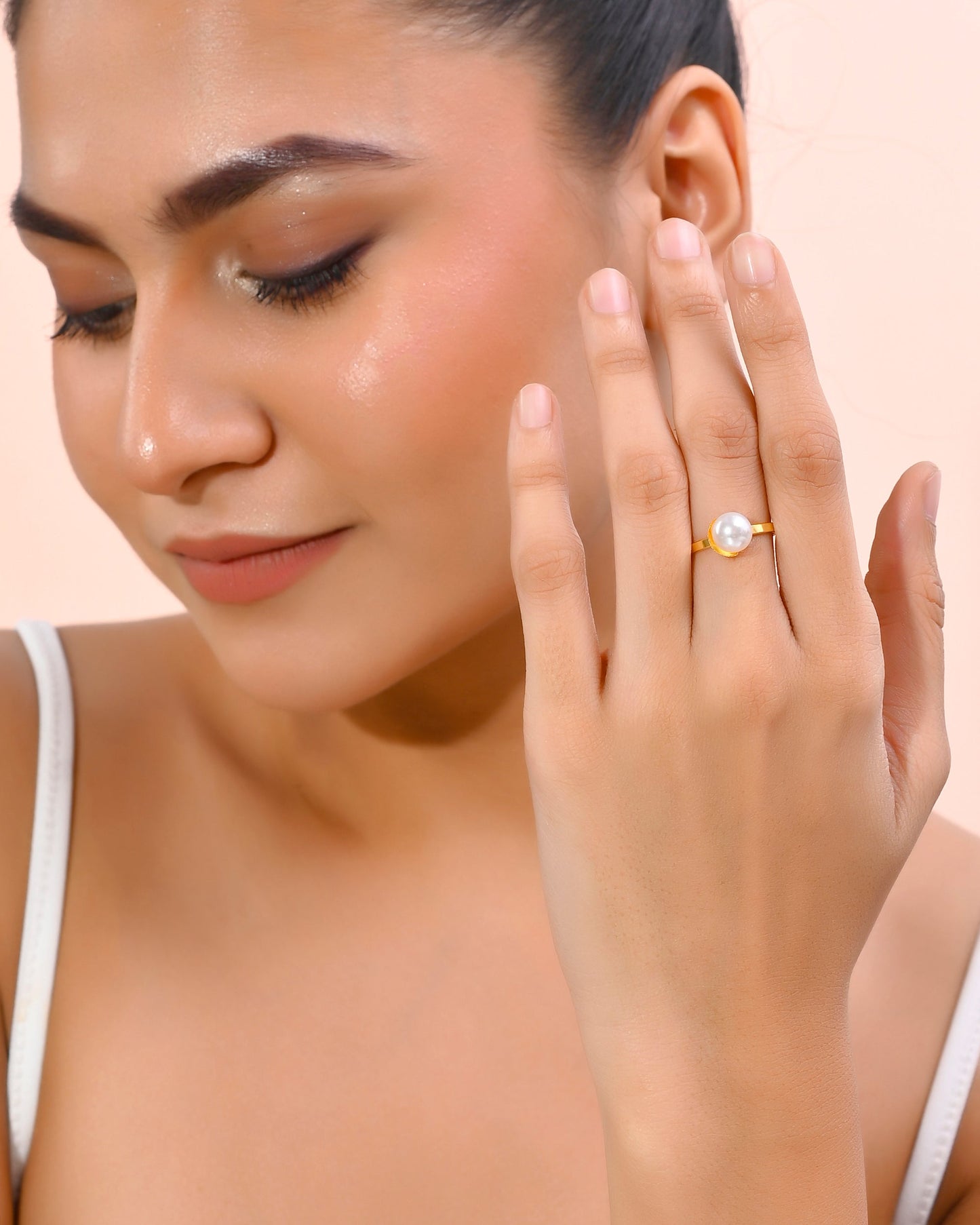 VOJ Gold-Polished One Pearl Ring | Swadesiicart