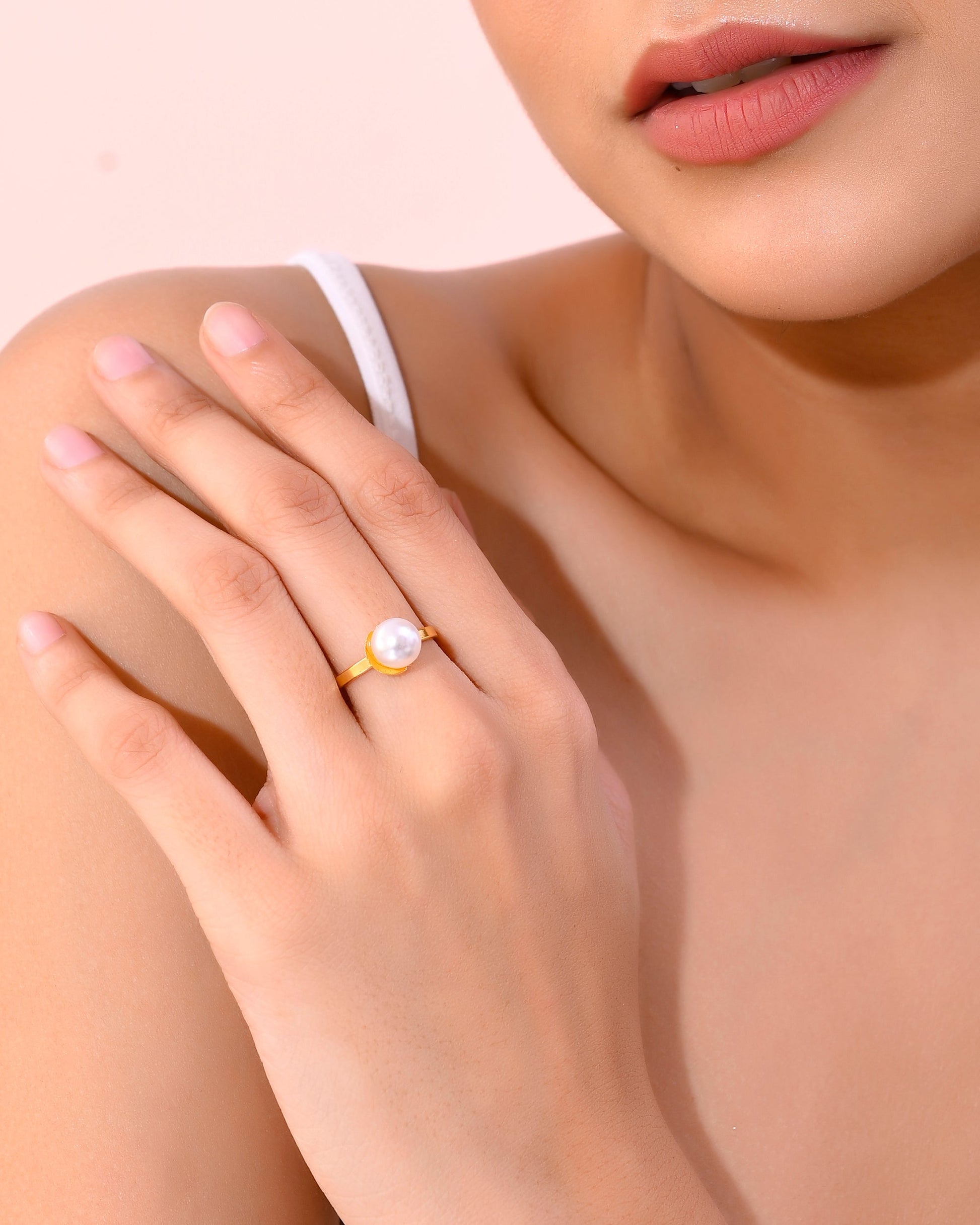 VOJ Gold-Polished One Pearl Ring | Swadesiicart