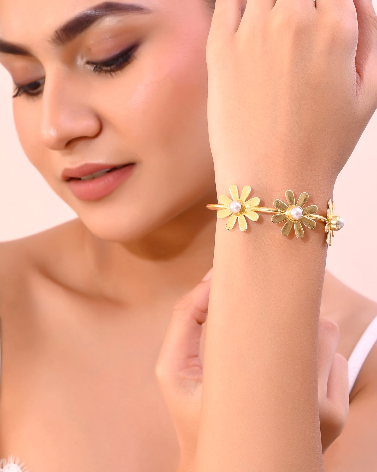 VOJ Gold-Polished with 3 Flower and Pearl Kada Bracelet - Swadesiicart