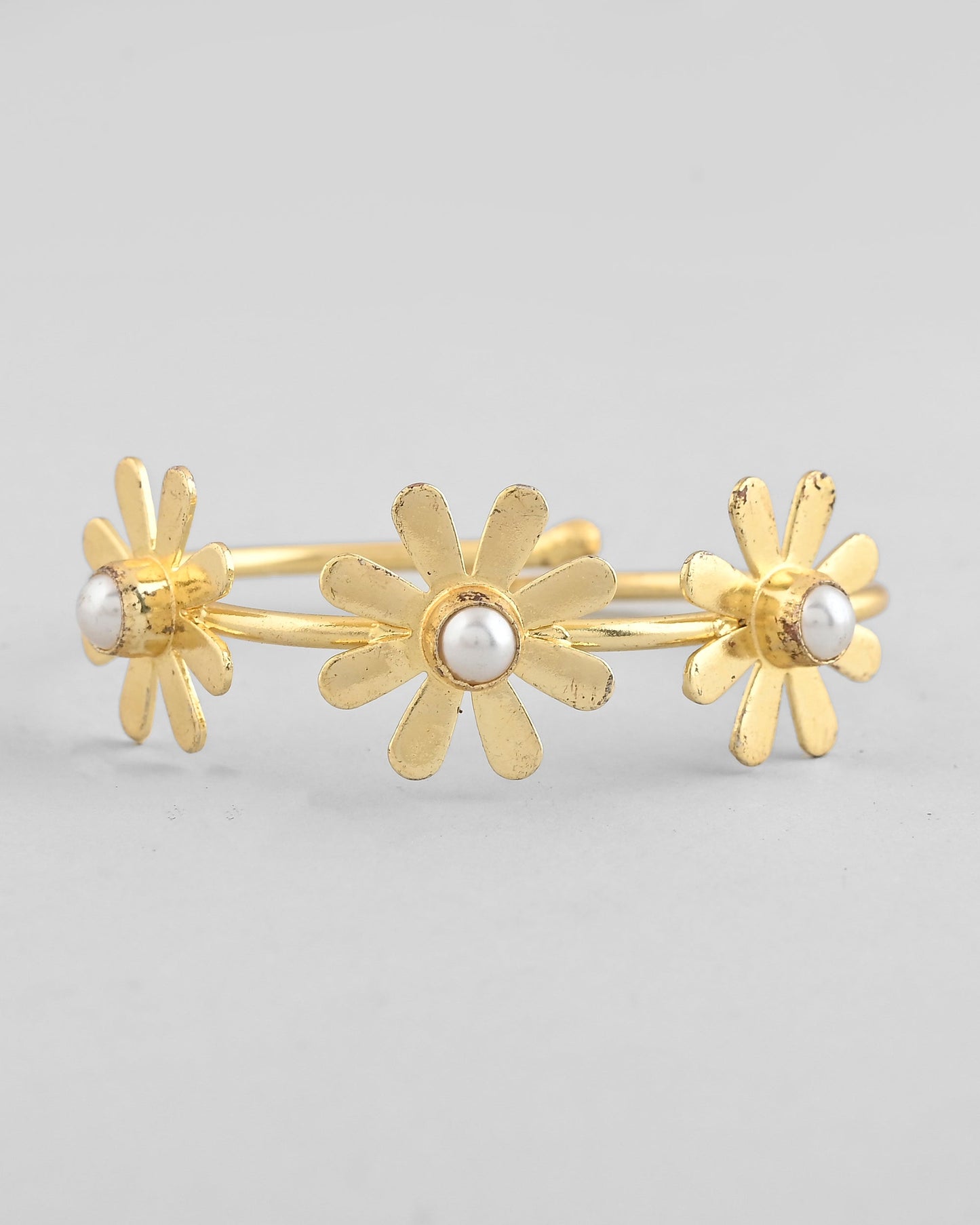 VOJ Gold-Polished with 3 Flower and Pearl Kada Bracelet - Swadesiicart