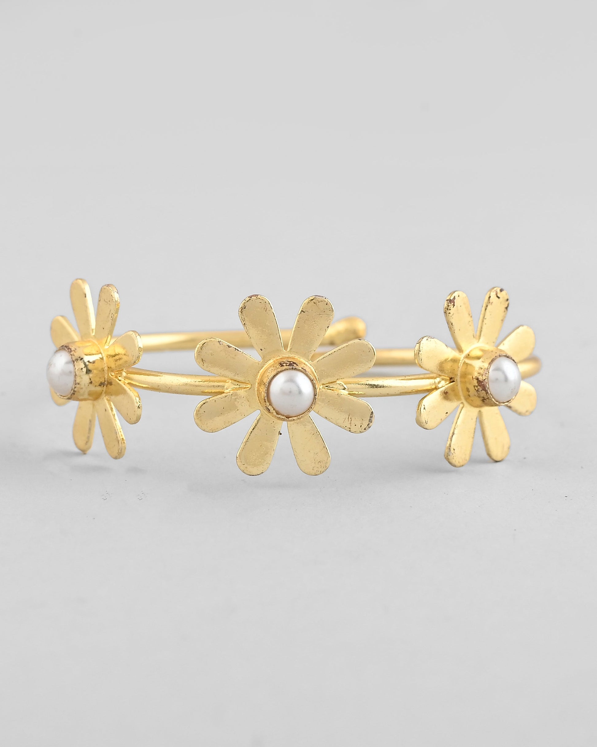 VOJ Gold-Polished with 3 Flower and Pearl Kada Bracelet - Swadesiicart