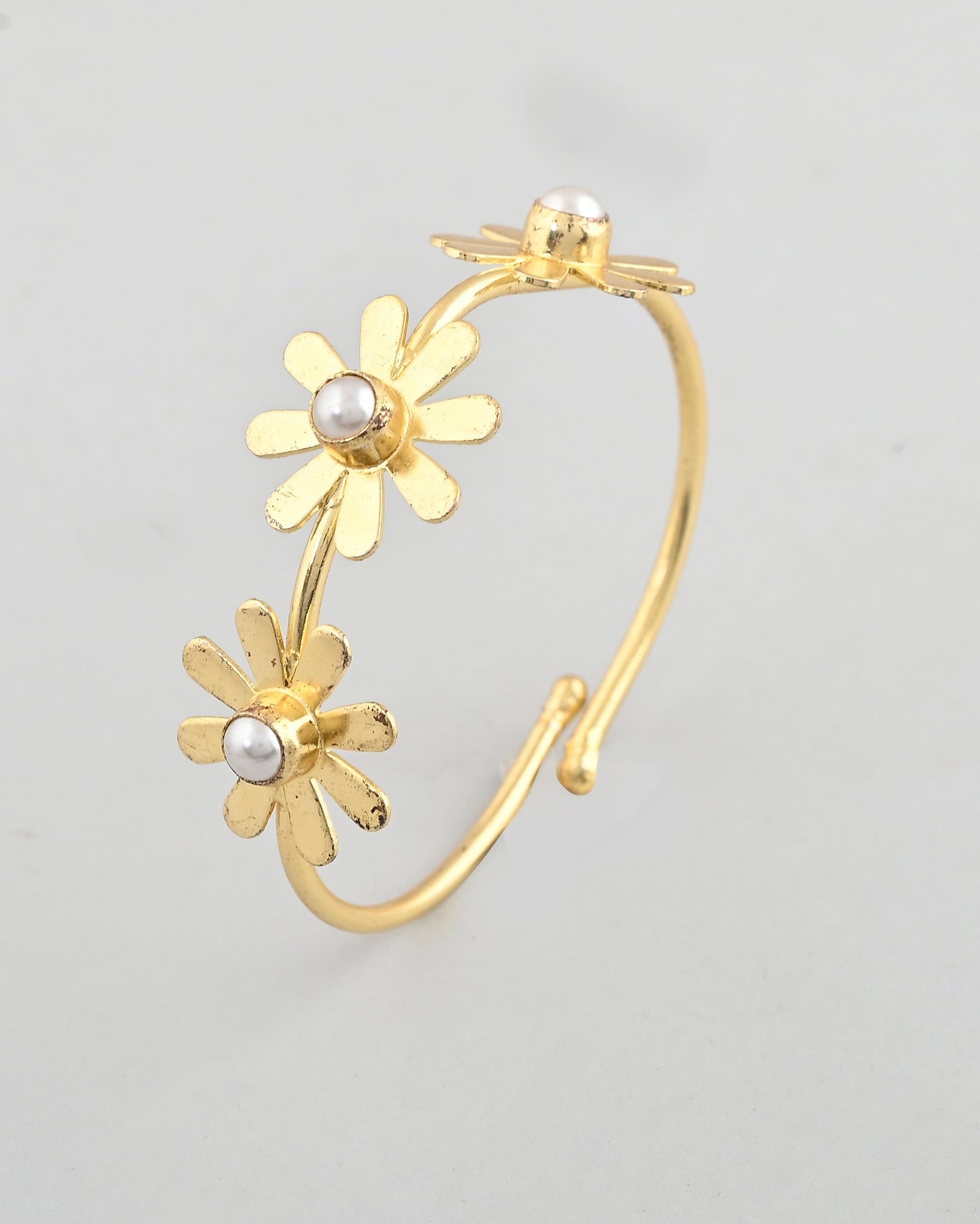 VOJ Gold-Polished with 3 Flower and Pearl Kada Bracelet - Swadesiicart