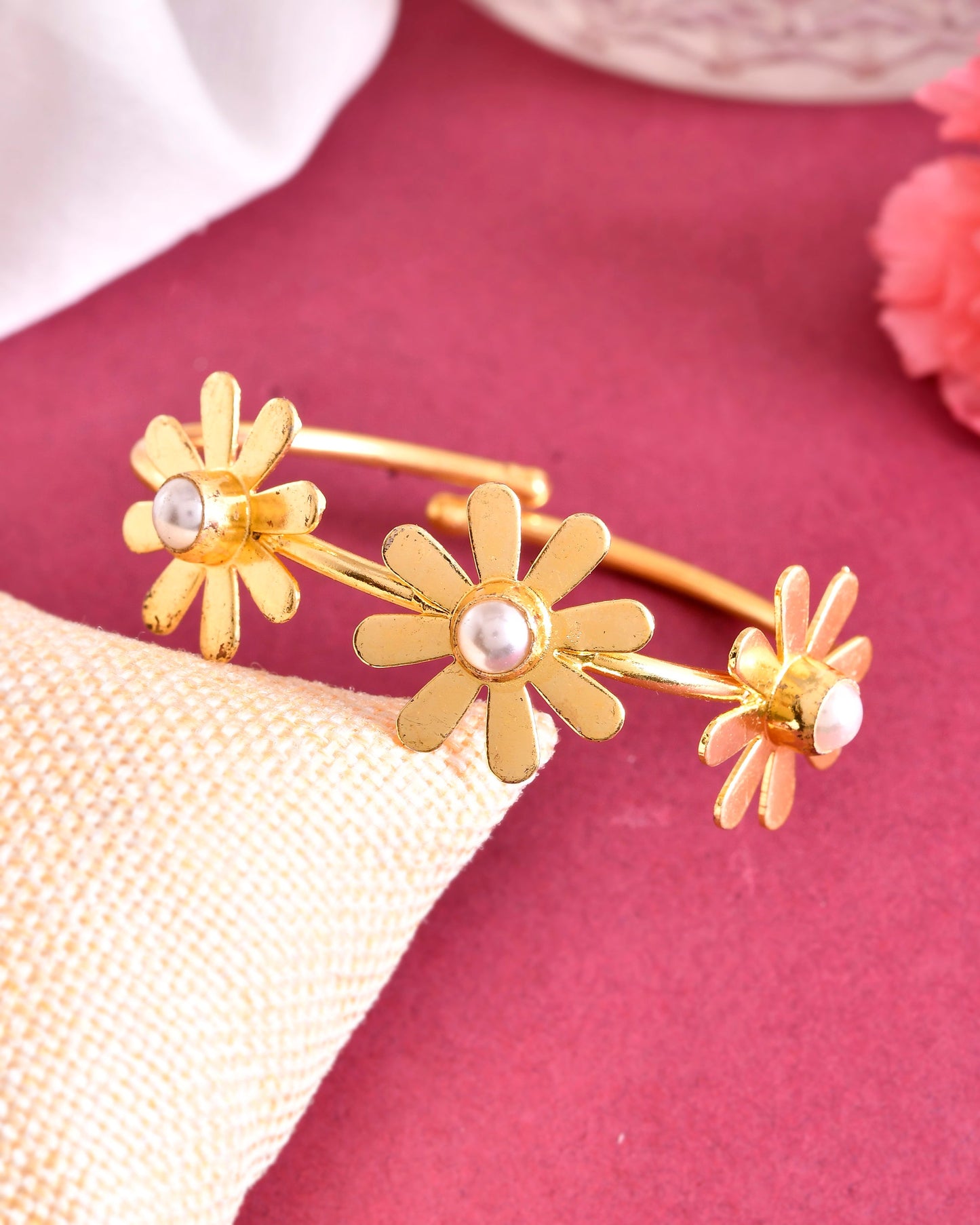 VOJ Gold-Polished with 3 Flower and Pearl Kada Bracelet - Swadesiicart