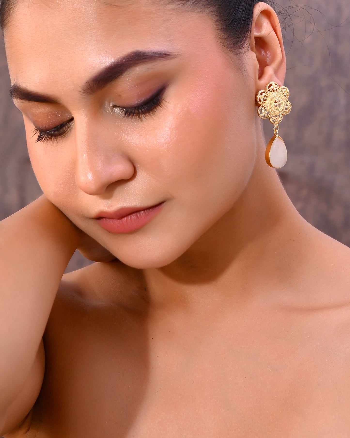 VOJ Gold-Polished Flower Shaped Stone Studded Drop Earrings - Swadesiicart