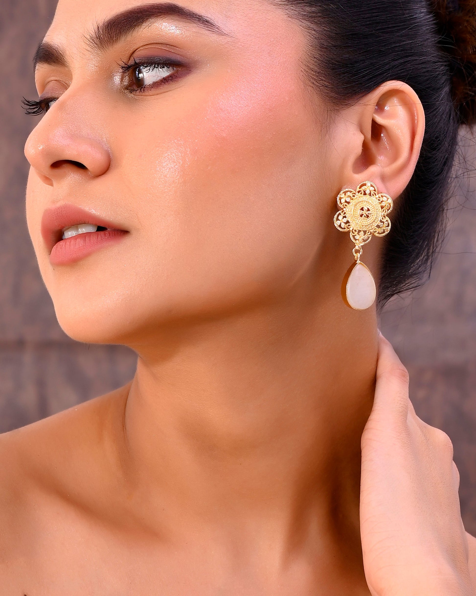 VOJ Gold-Polished Flower Shaped Stone Studded Drop Earrings - Swadesiicart