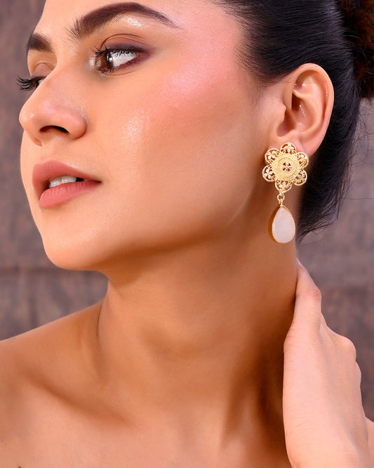 VOJ Gold-Polished Flower Shaped Stone Studded Drop Earrings - Swadesiicart