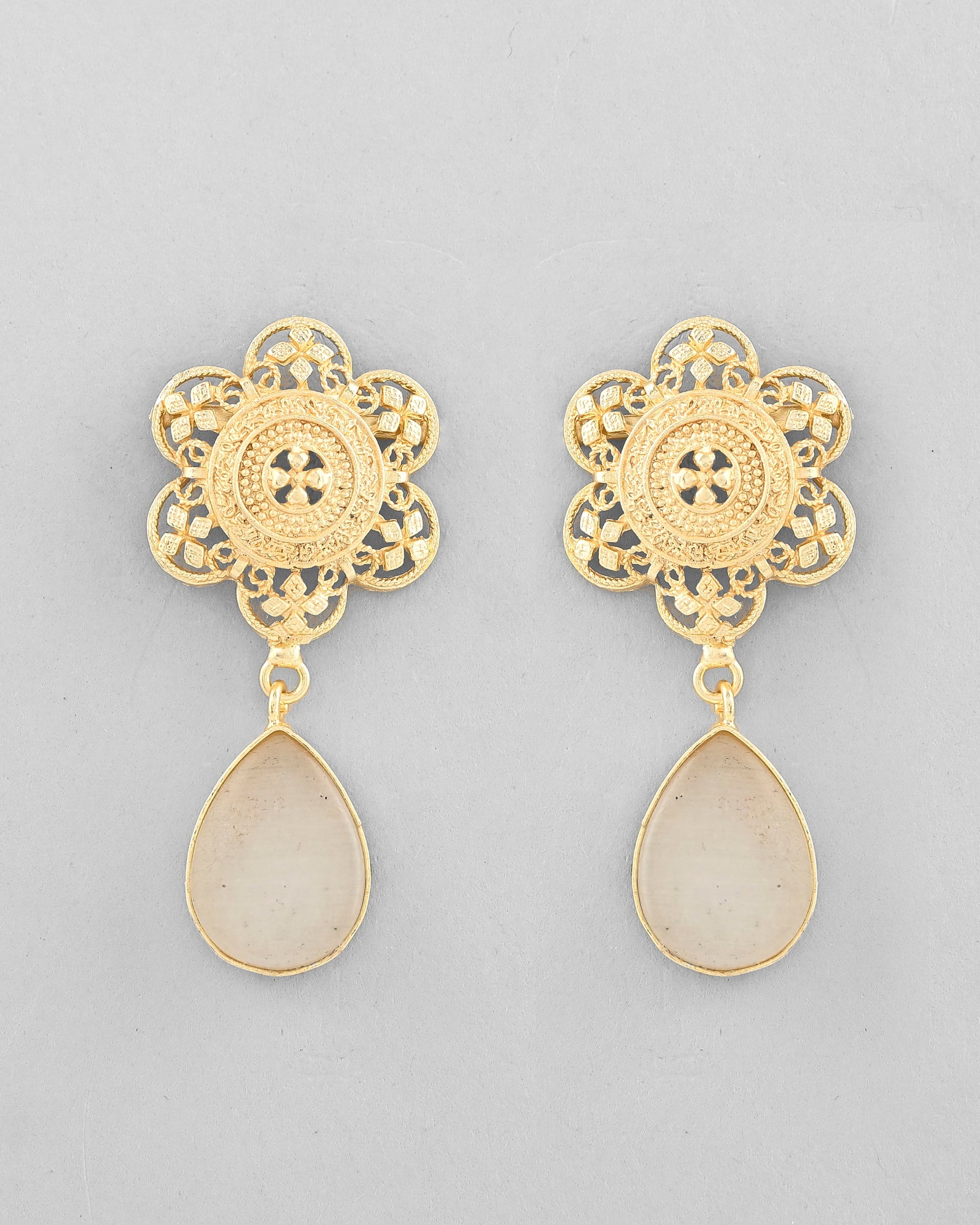 VOJ Gold-Polished Flower Shaped Stone Studded Drop Earrings - Swadesiicart