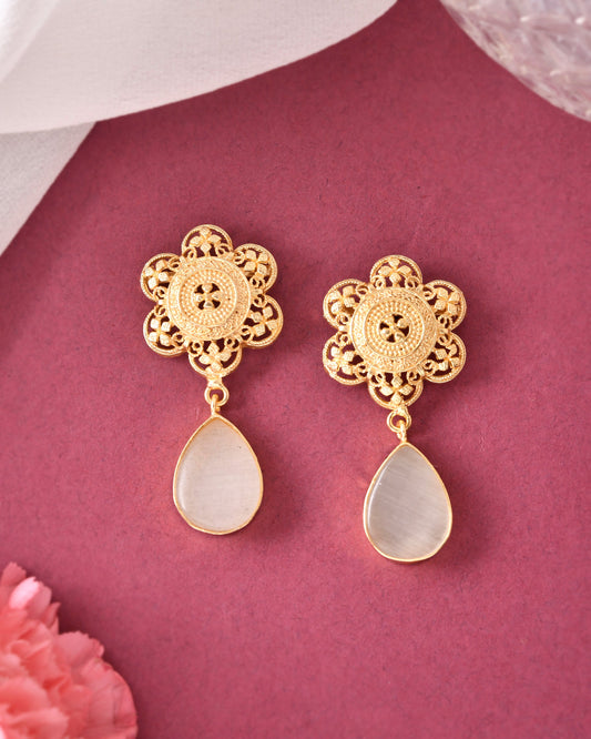 VOJ Gold-Polished Flower Shaped Stone Studded Drop Earrings - Swadesiicart