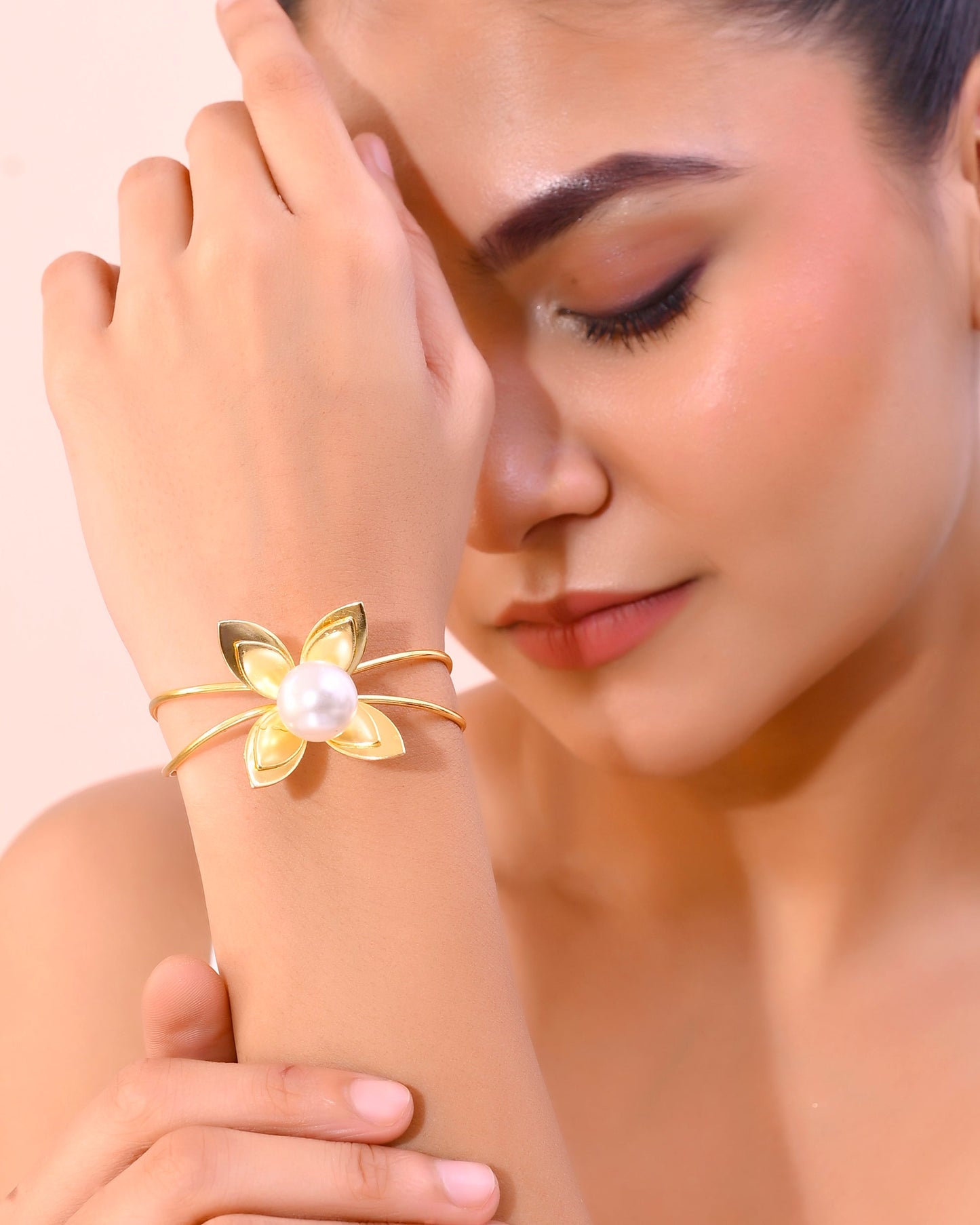 VOJ Gold-Polished Flower Shaped With Pearl In Center Kada Bracelet - Swadesiicart