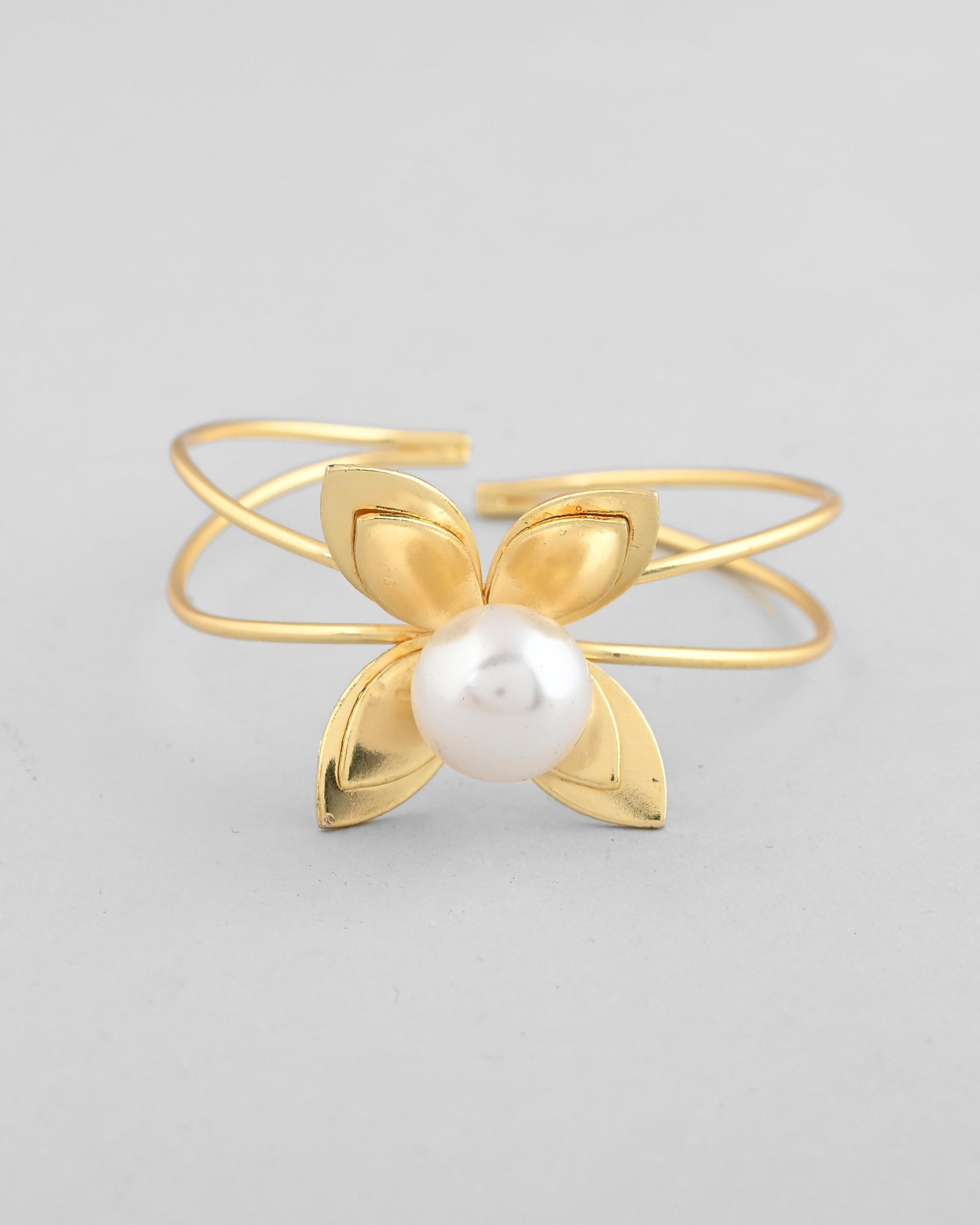 VOJ Gold-Polished Flower Shaped With Pearl In Center Kada Bracelet - Swadesiicart