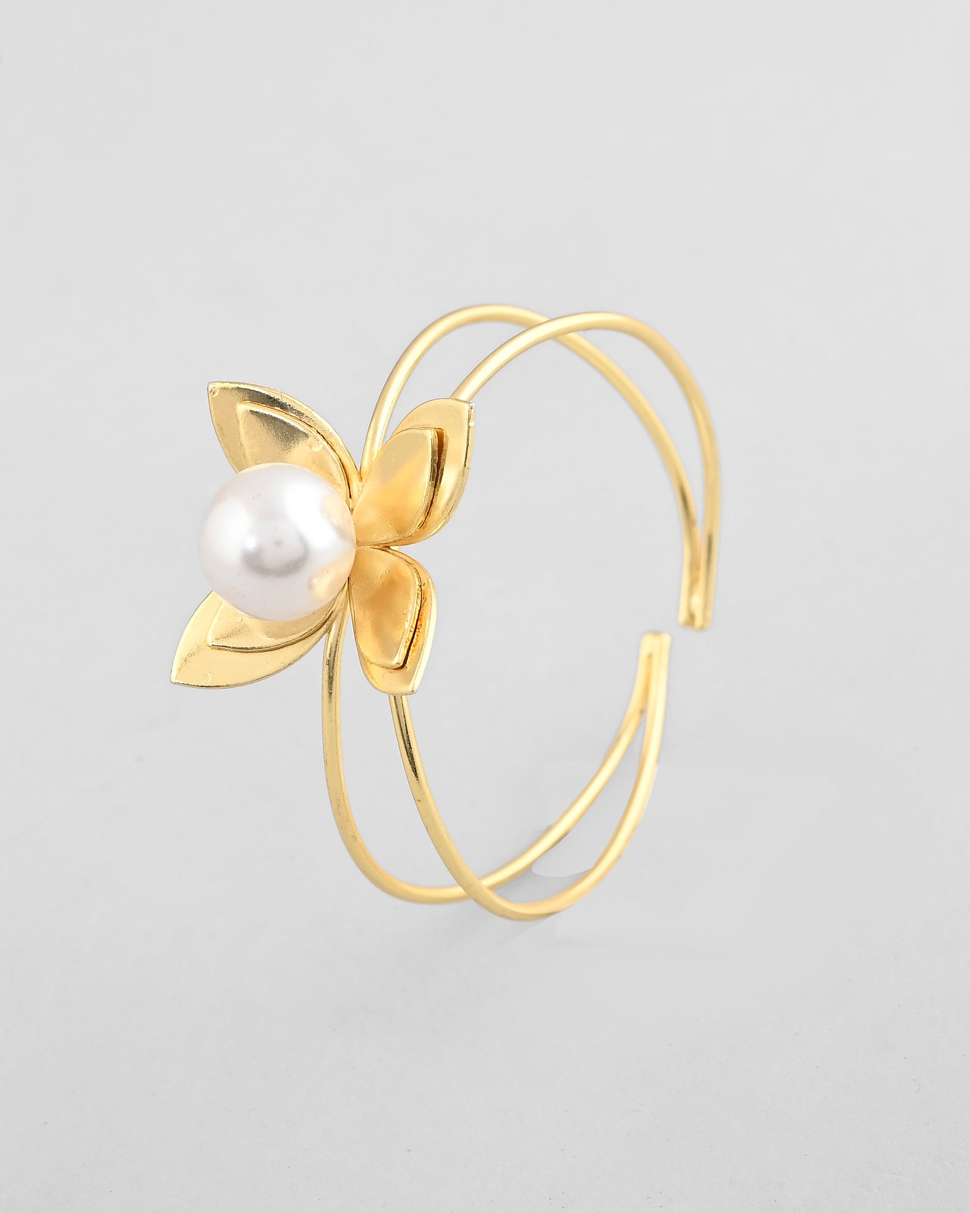 VOJ Gold-Polished Flower Shaped With Pearl In Center Kada Bracelet - Swadesiicart