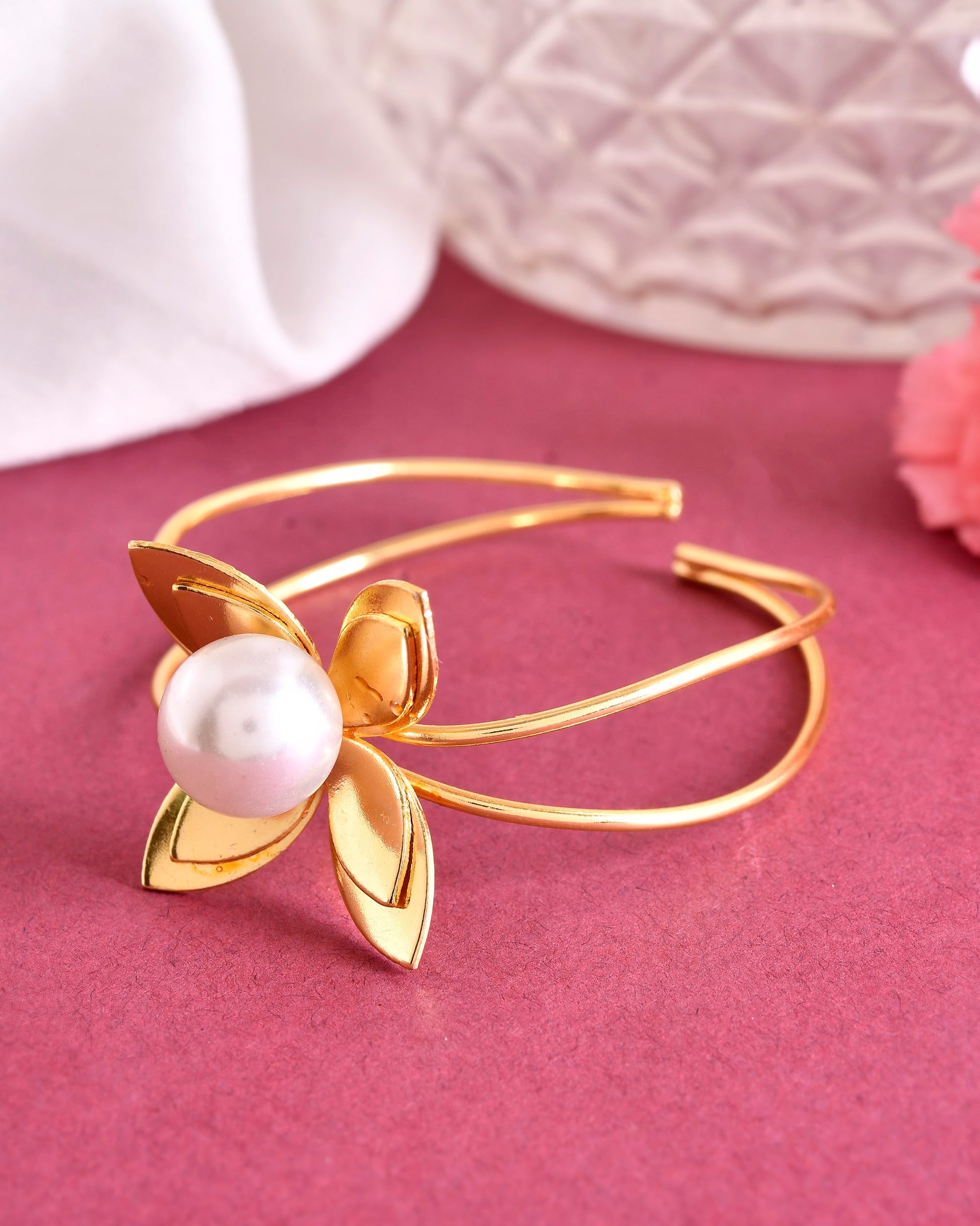 VOJ Gold-Polished Flower Shaped With Pearl In Center Kada Bracelet - Swadesiicart