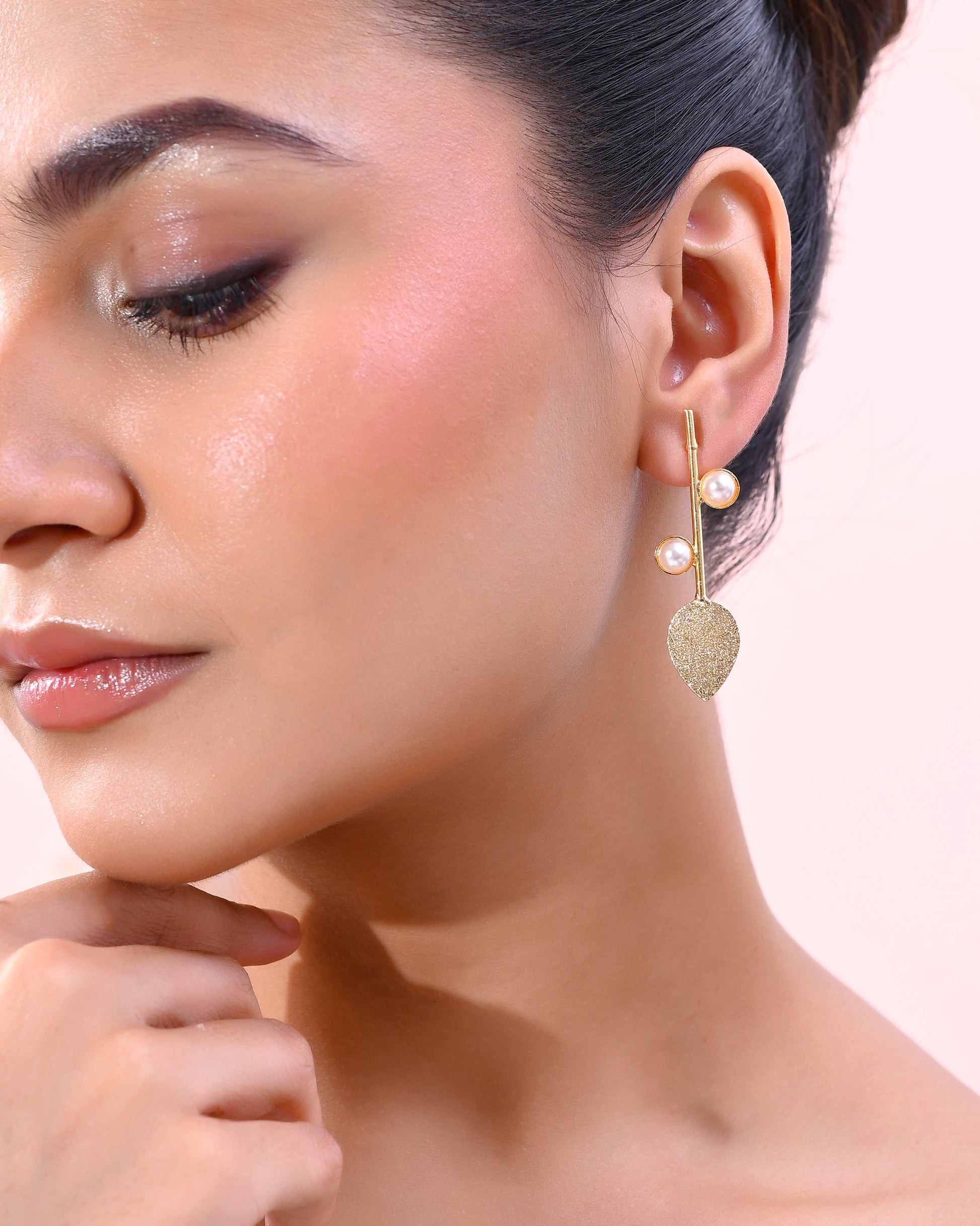 VOJ Gold-Polished Leaf Shaped with Pearl Studded Earrings - Swadesiicart