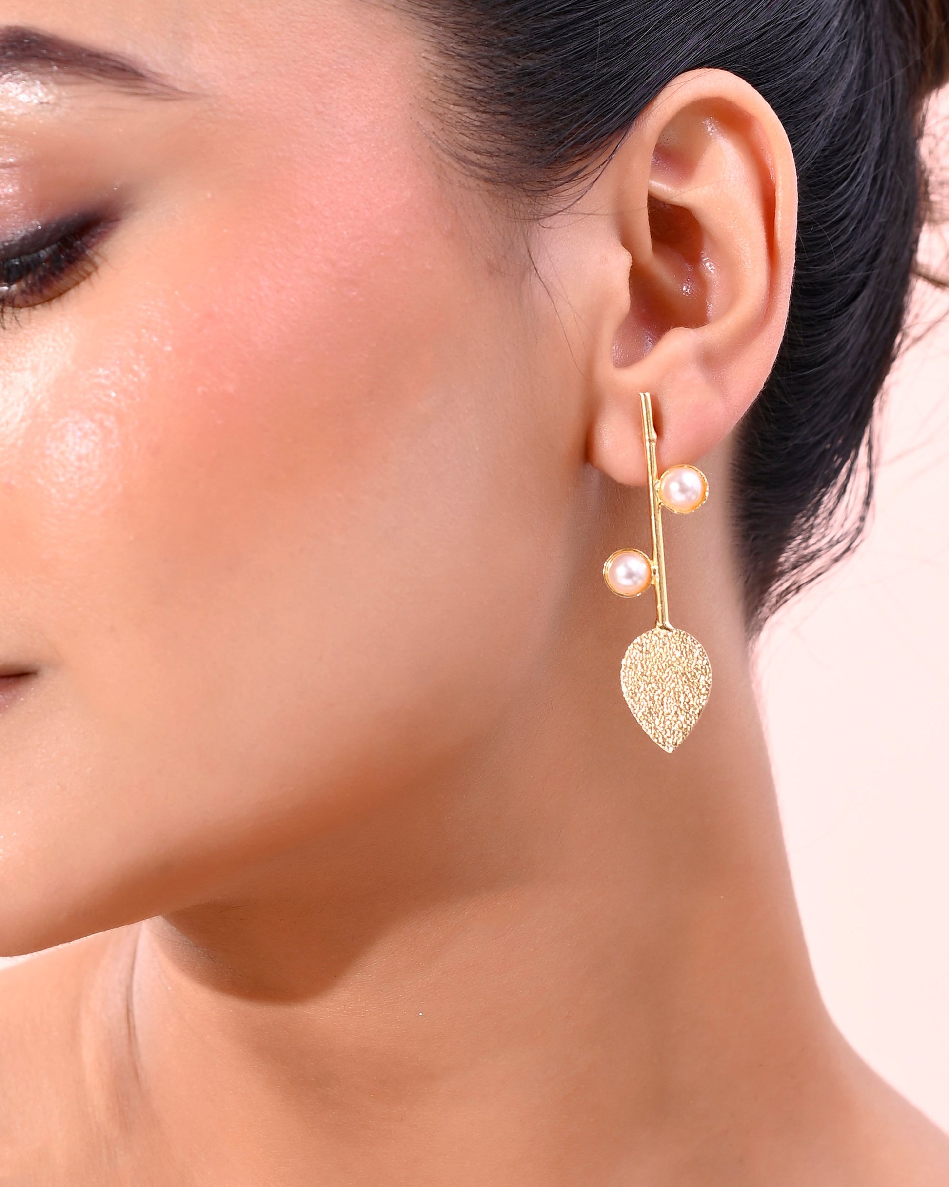VOJ Gold-Polished Leaf Shaped with Pearl Studded Earrings - Swadesiicart