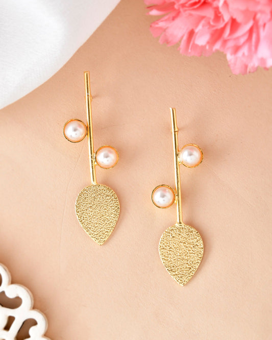 VOJ Gold-Polished Leaf Shaped with Pearl Studded Earrings - Swadesiicart