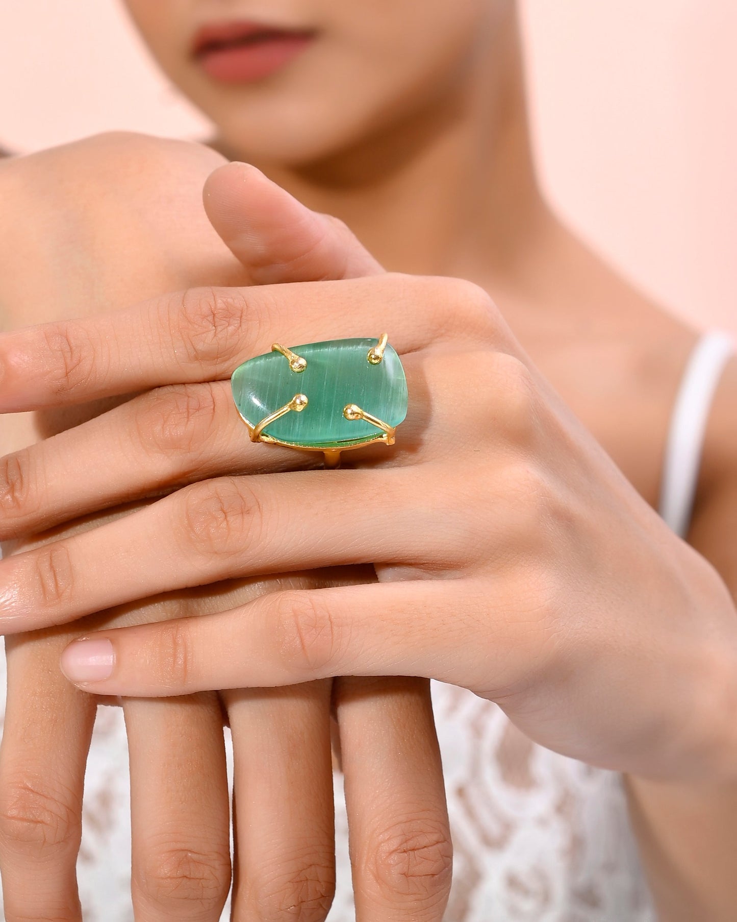 VOJ Gold-Polished Big Green Stone Studded Ring | Swadesiicart