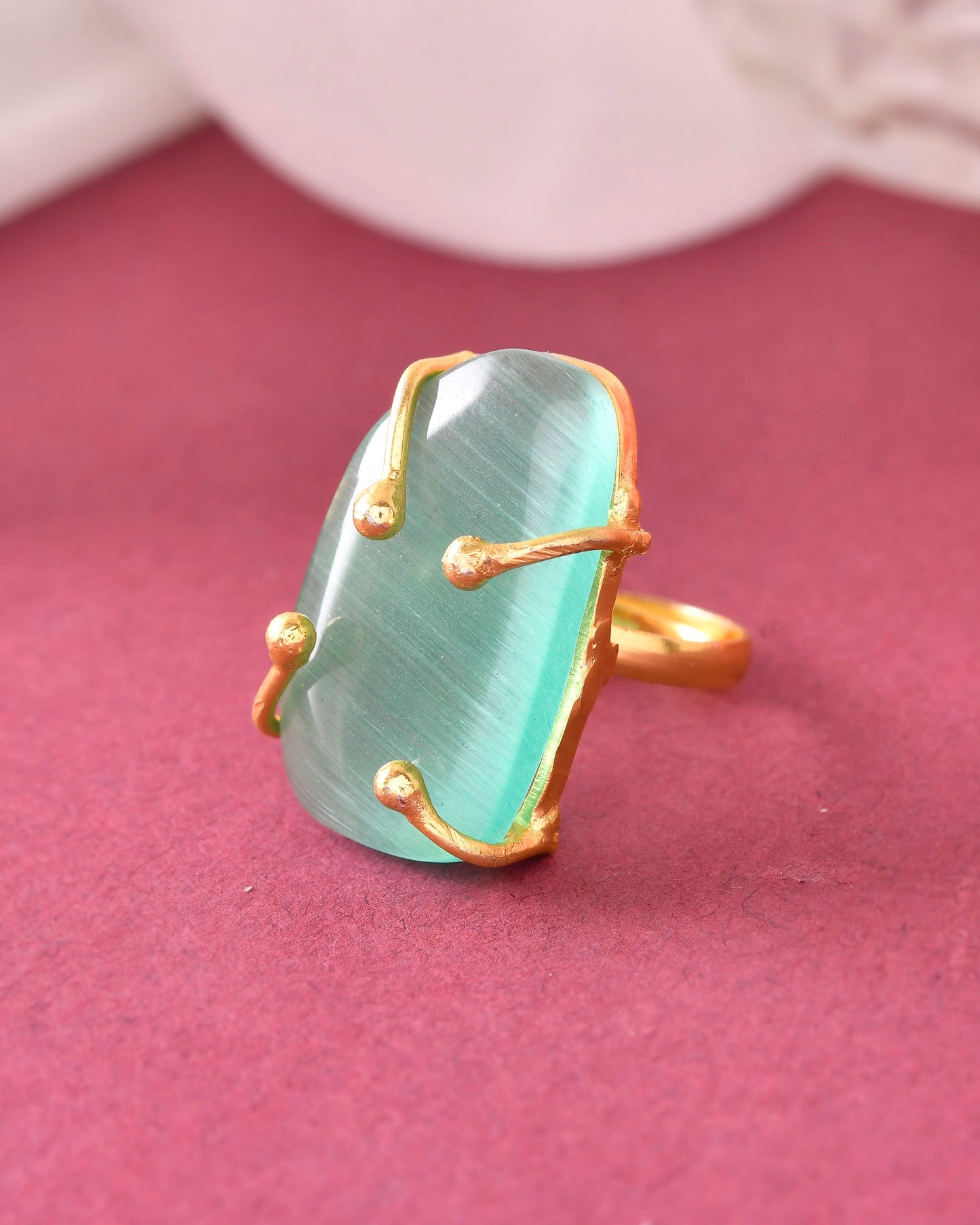 VOJ Gold-Polished Big Green Stone Studded Ring | Swadesiicart
