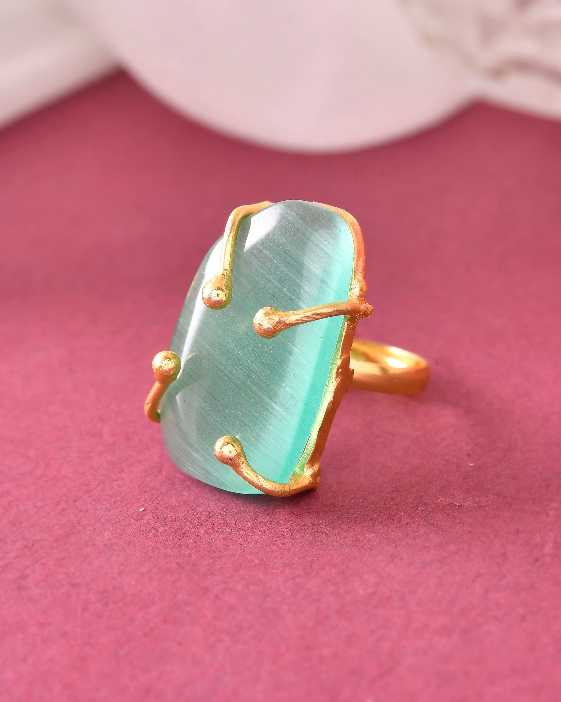 VOJ Gold-Polished Big Green Stone Studded Ring | Swadesiicart
