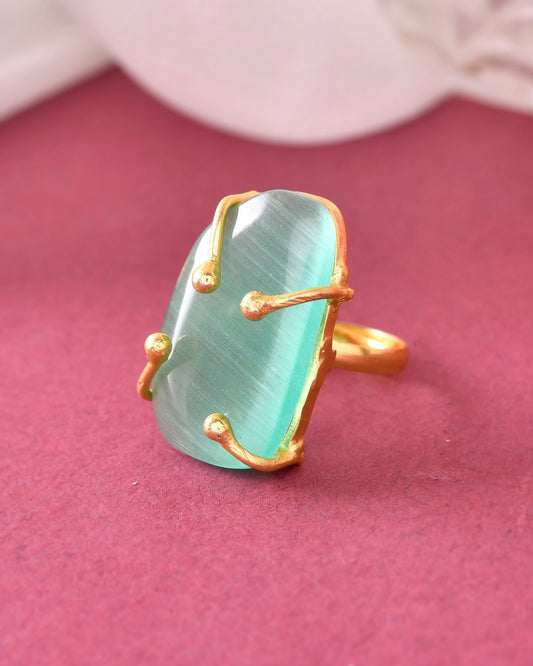 VOJ Gold-Polished Big Green Stone Studded Ring | Swadesiicart