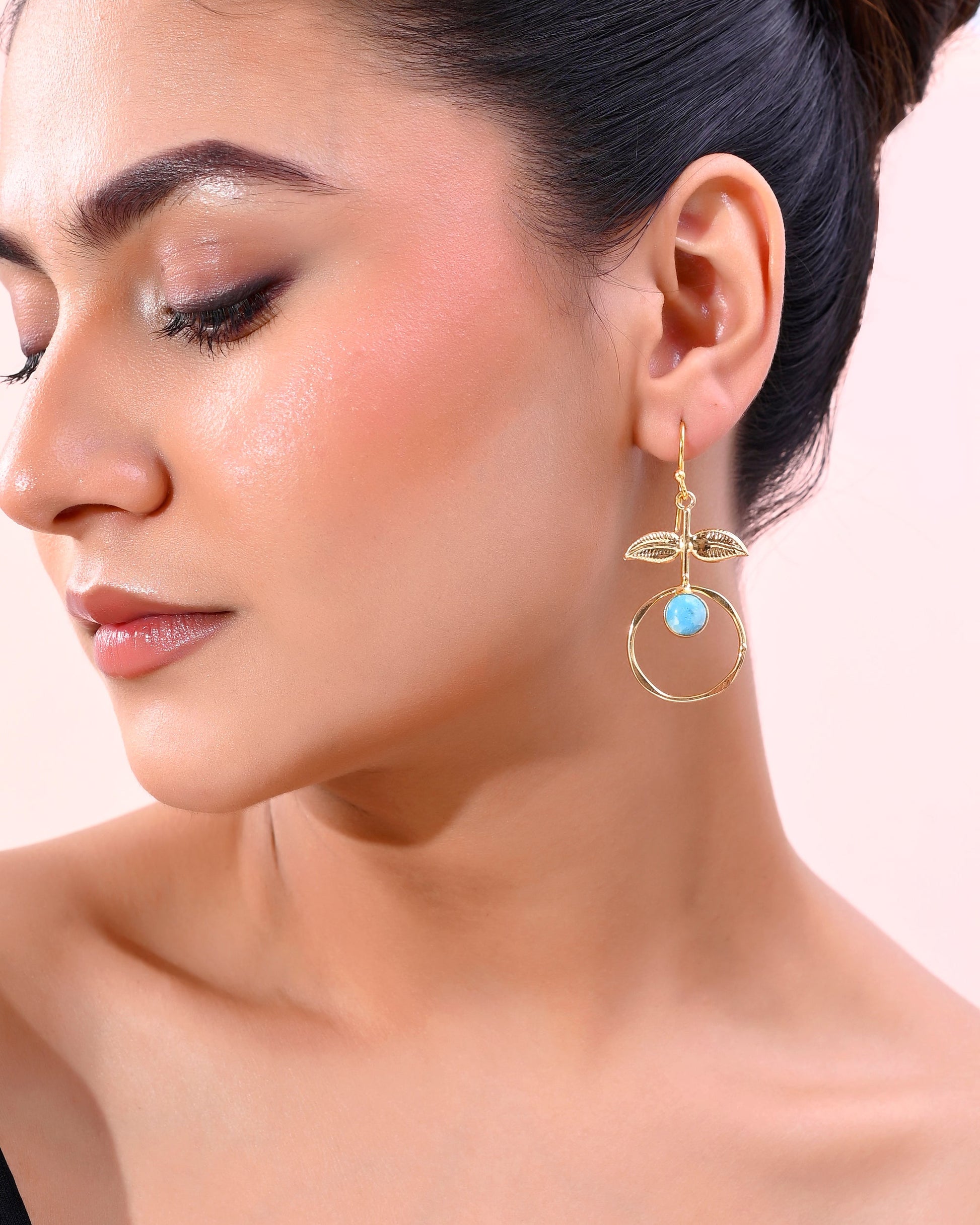 VOJ Gold-Polished Blue Stone Studded Circular Drop Earrings - Swadesiicart