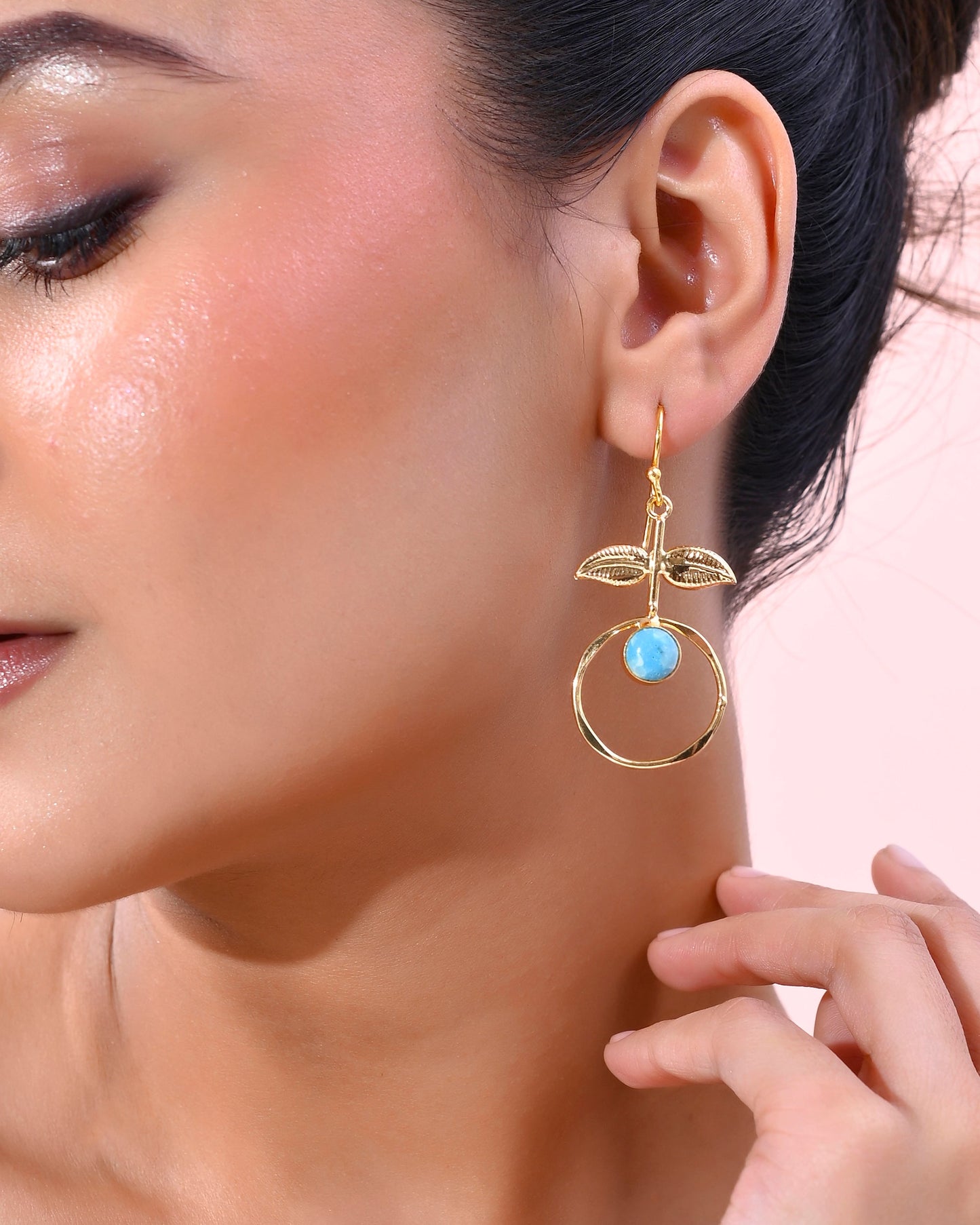 VOJ Gold-Polished Blue Stone Studded Circular Drop Earrings - Swadesiicart