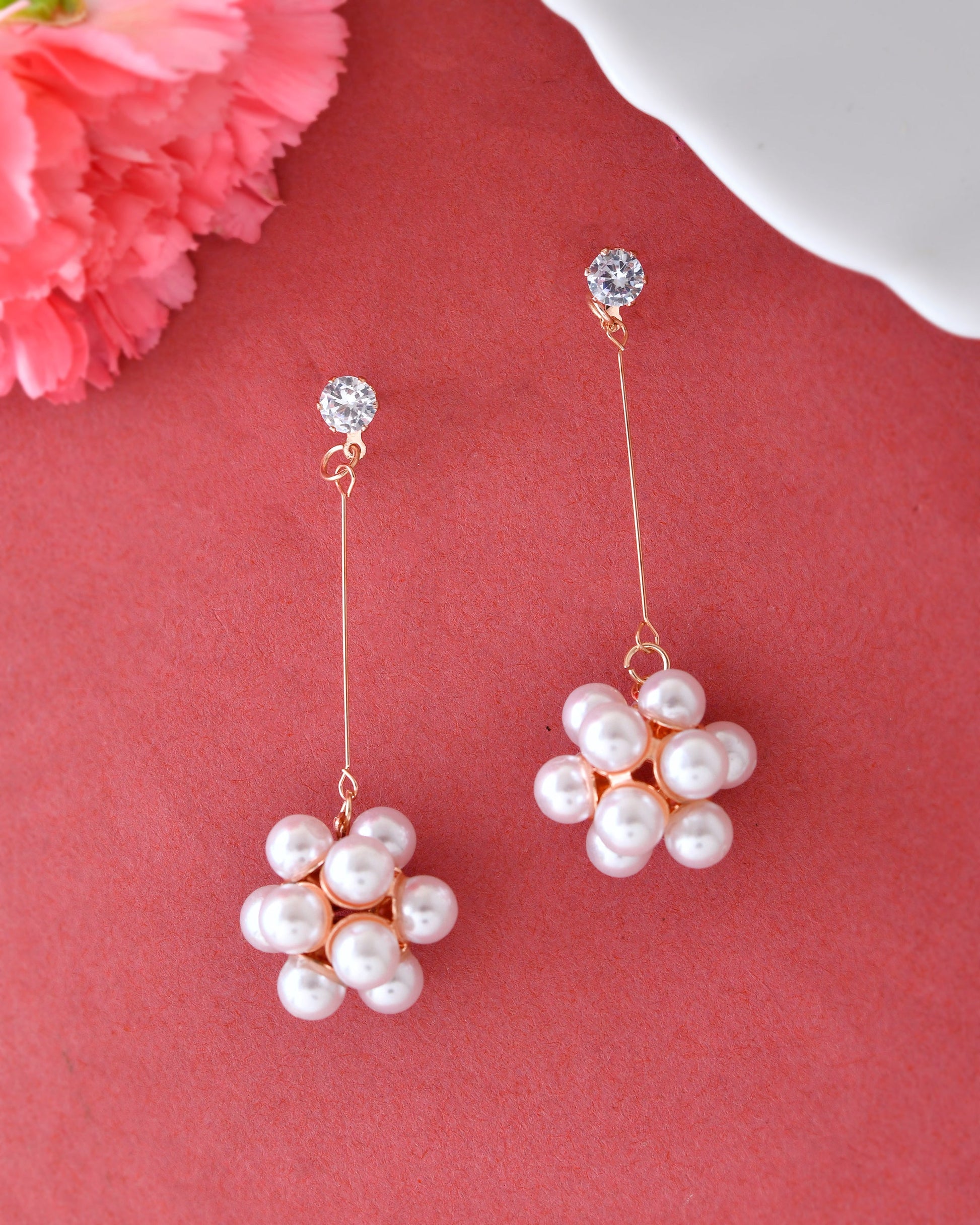 VOJ Rose Gold-Polished Handcrafted Floral Pearl Drop Earrings - Swadesiicart