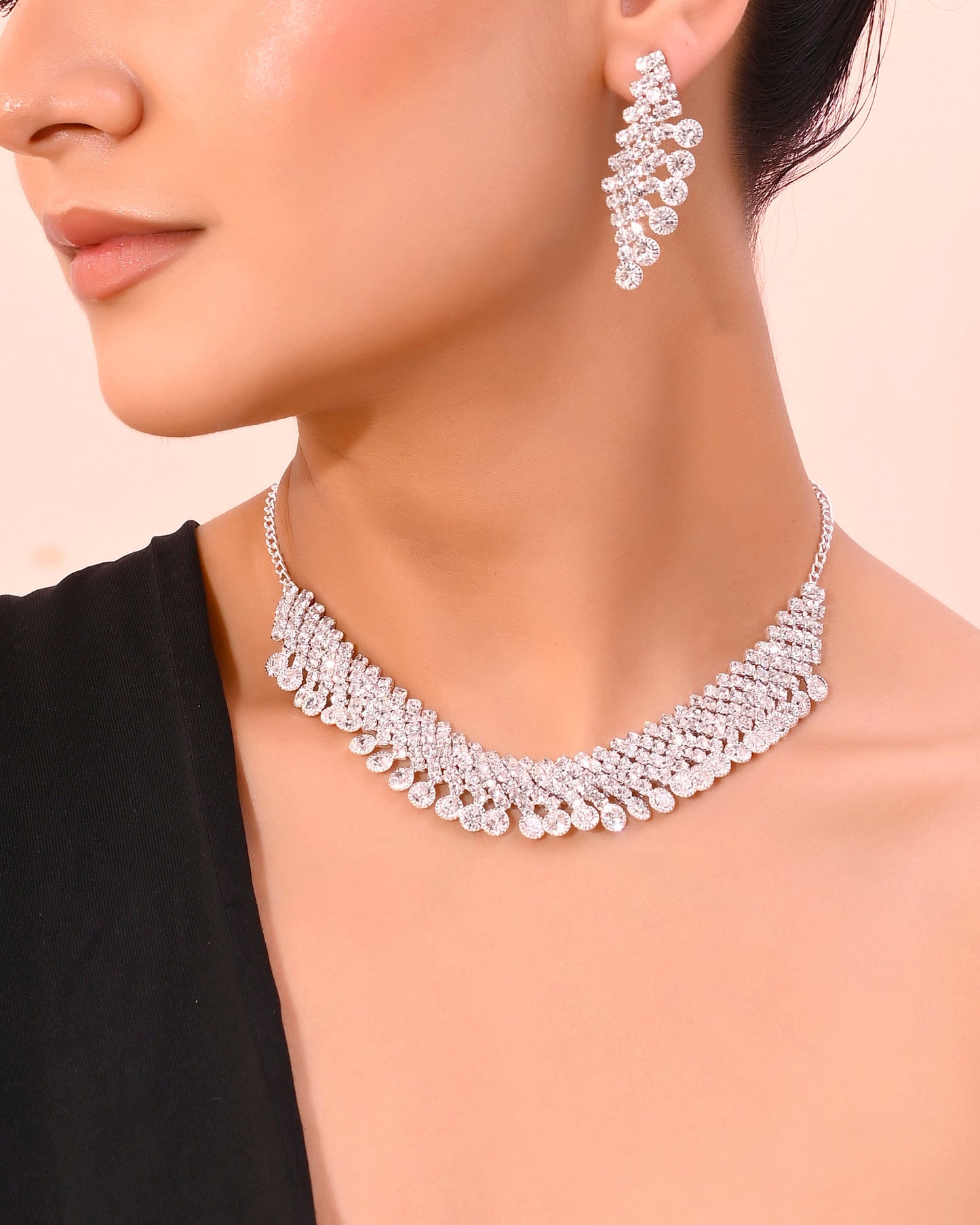 VOJ AD Stone Studded Silver Plated Necklace With Drop Earrings Set - Swadesiicart