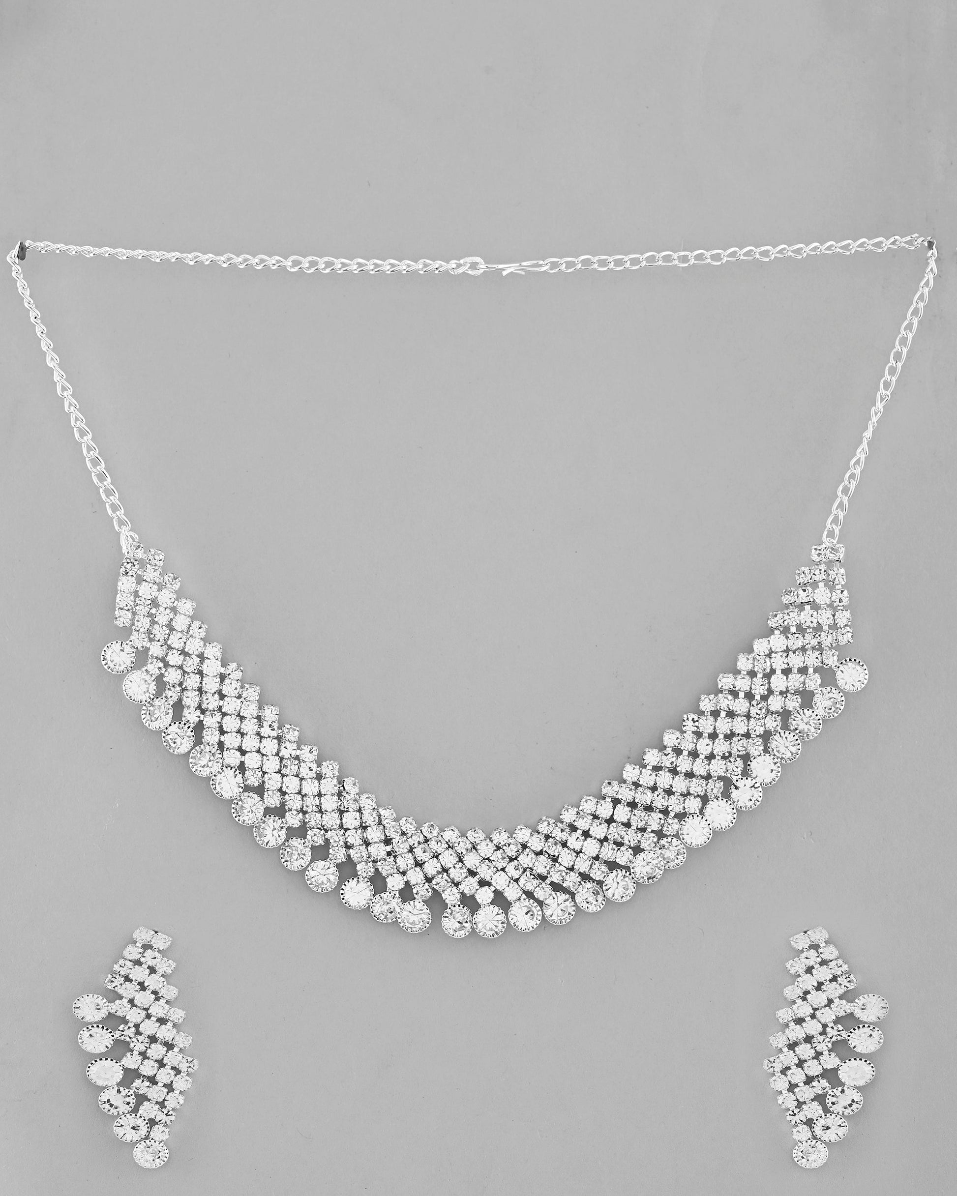 VOJ AD Stone Studded Silver Plated Necklace With Drop Earrings Set - Swadesiicart