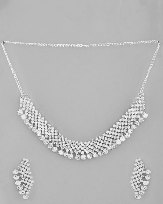VOJ AD Stone Studded Silver Plated Necklace With Drop Earrings Set - Swadesiicart