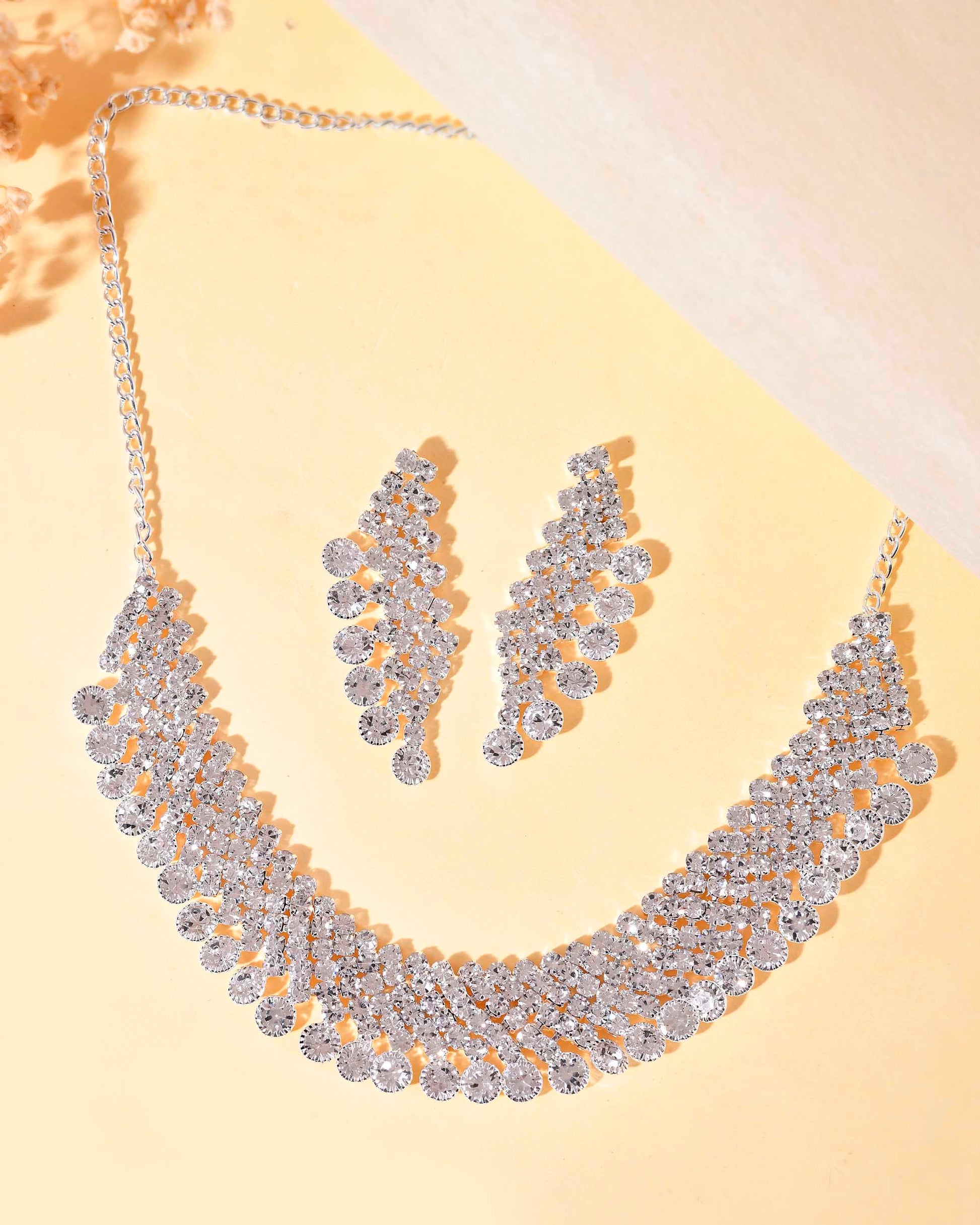 VOJ AD Stone Studded Silver Plated Necklace With Drop Earrings Set - Swadesiicart