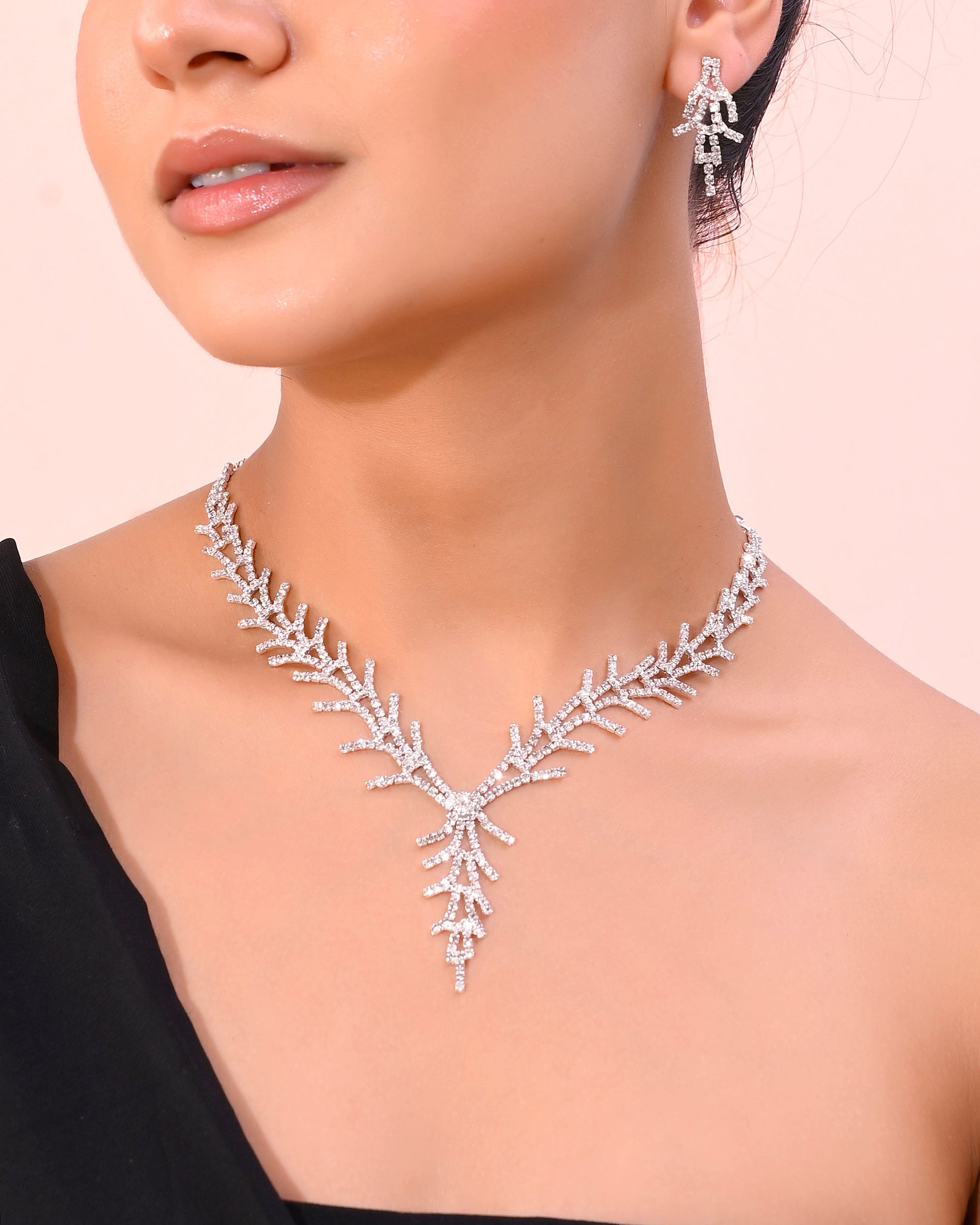 VOJ AD Stone Studded Silver Plated Designer Jewellery Set - Swadesiicart