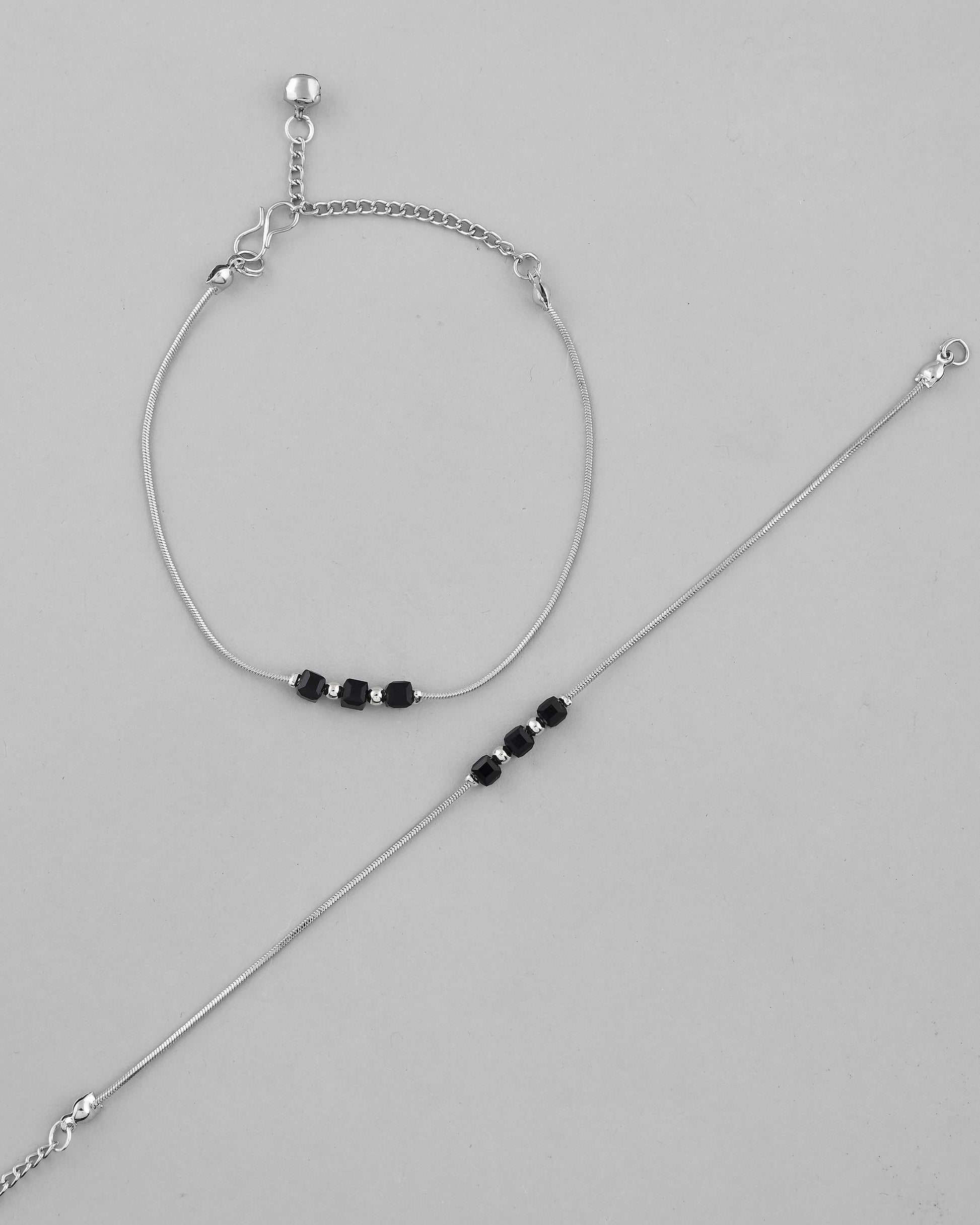 VOJ Set Of 2 Silver Plated With Black Beads Anklet - Swadesiicart