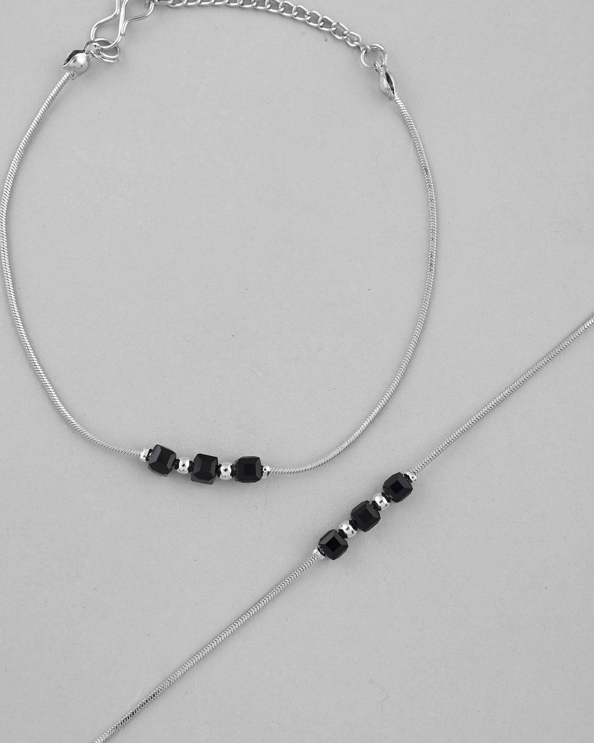 VOJ Set Of 2 Silver Plated With Black Beads Anklet - Swadesiicart