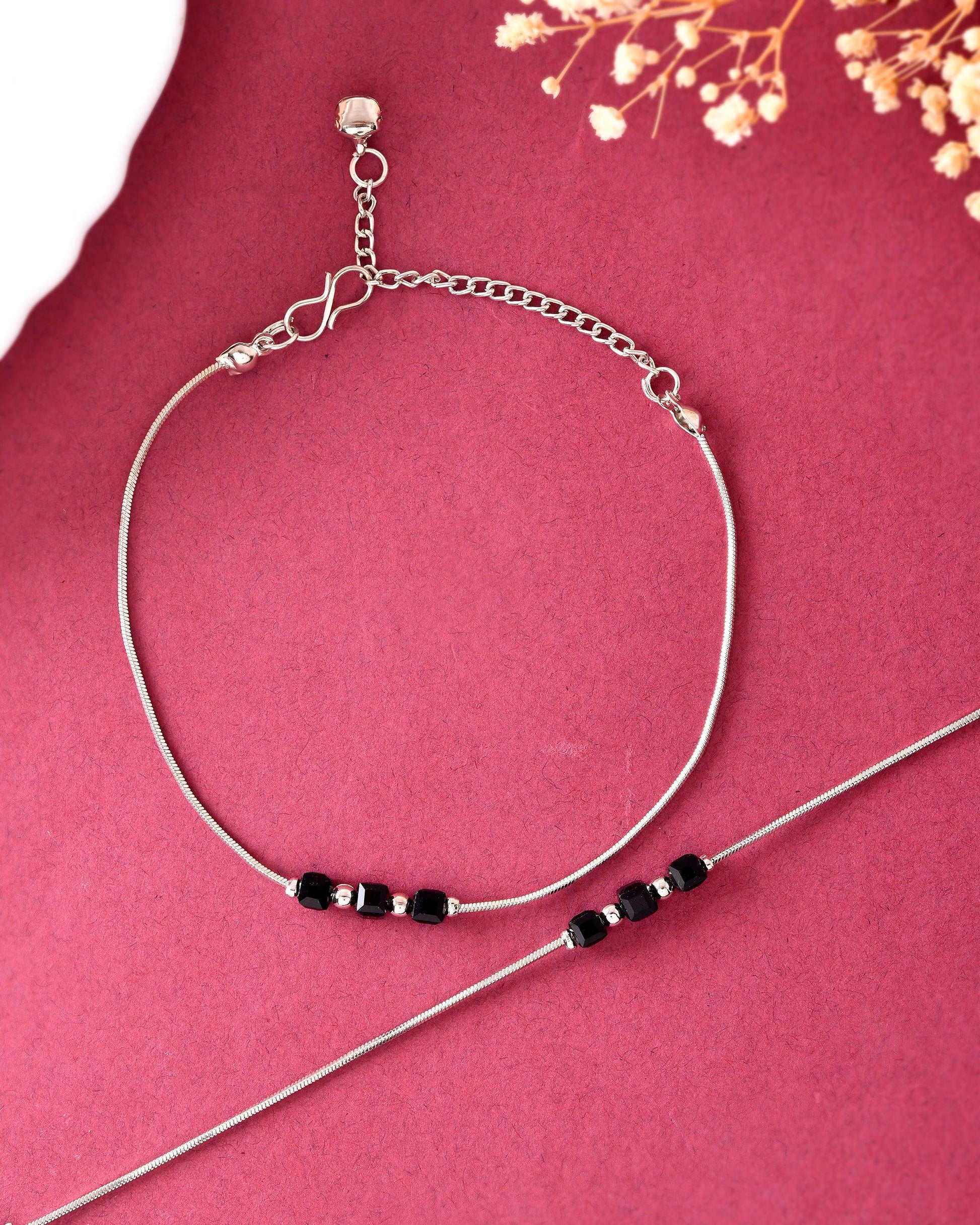 VOJ Set Of 2 Silver Plated With Black Beads Anklet - Swadesiicart