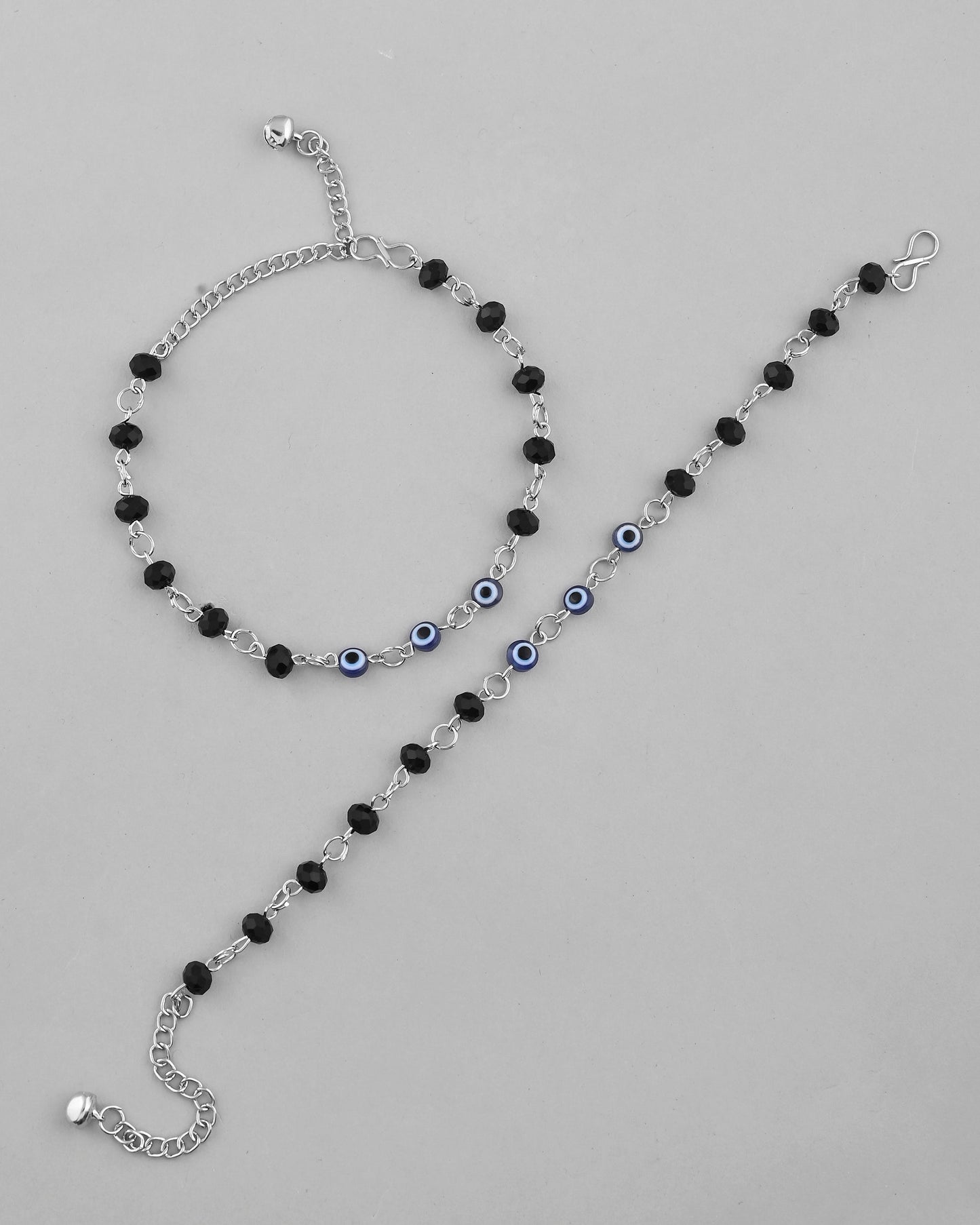 VOJ Set Of 2 Silver Plated With Black beads and Evil Eye Anklet - Swadesiicart