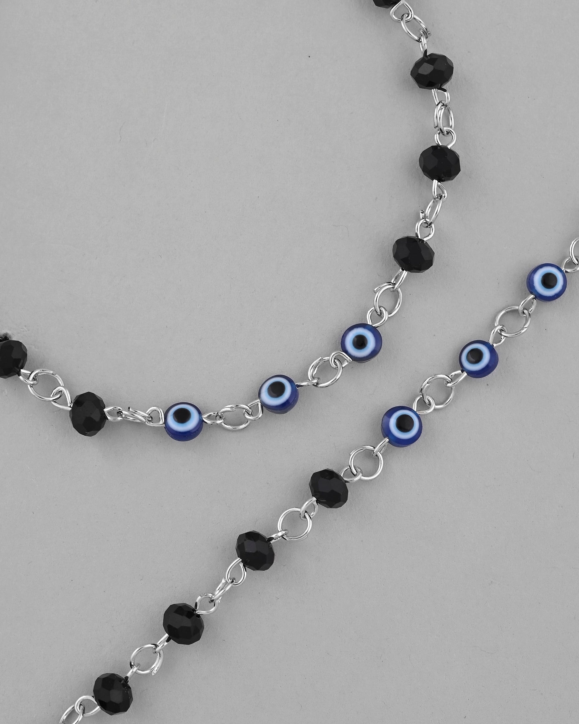 VOJ Set Of 2 Silver Plated With Black beads and Evil Eye Anklet - Swadesiicart