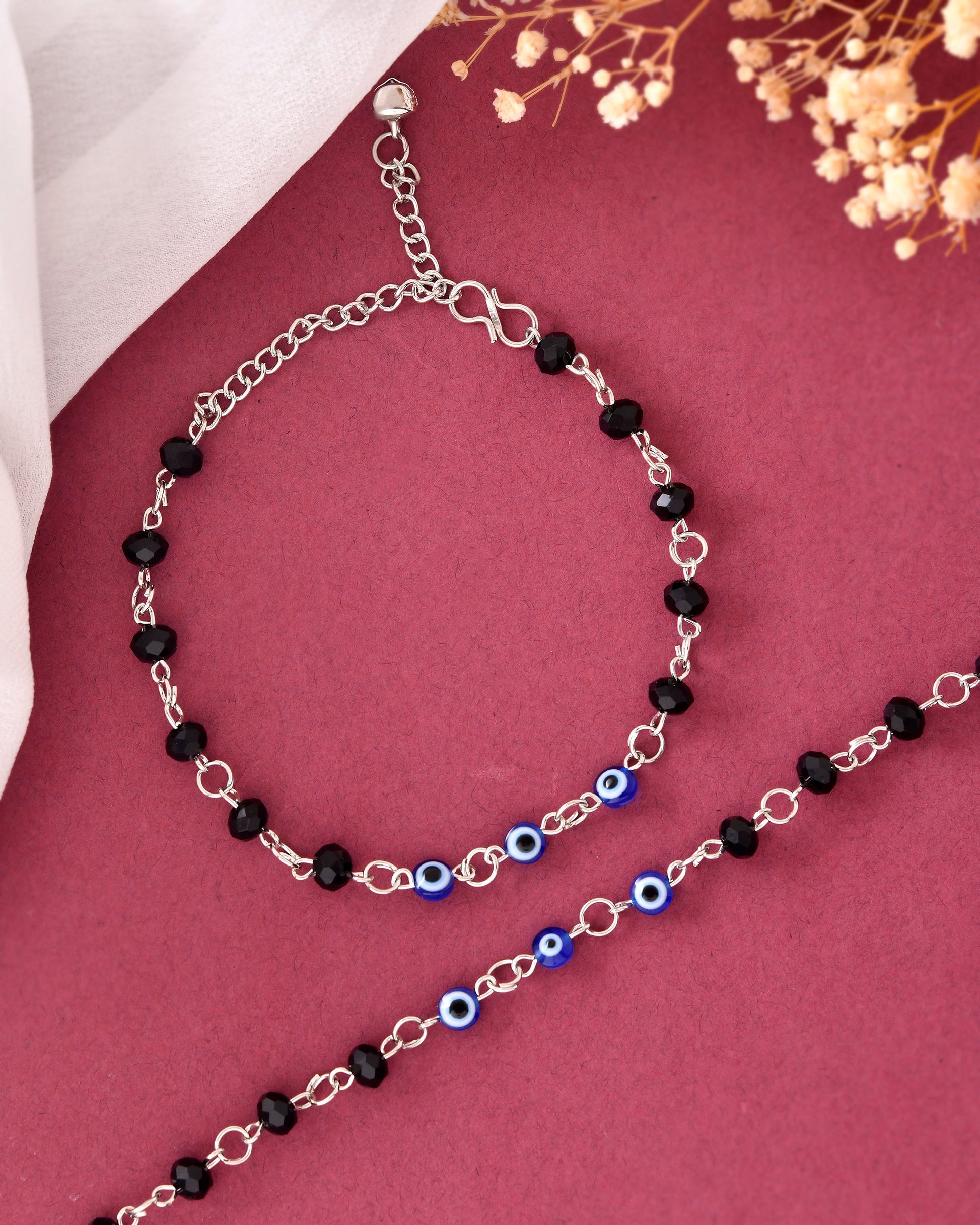 VOJ Set Of 2 Silver Plated With Black beads and Evil Eye Anklet - Swadesiicart