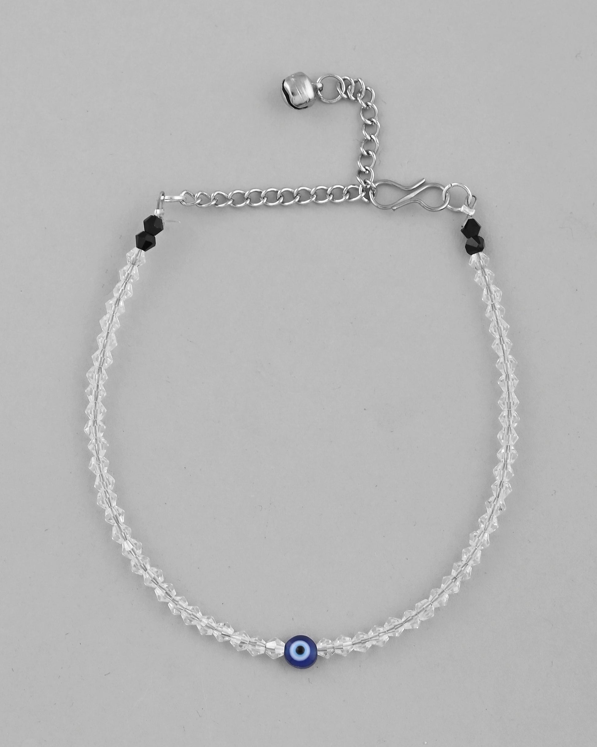 VOJ Set Of 2 Silver Plated With White beads and Evil Eye Anklet - Swadesiicart