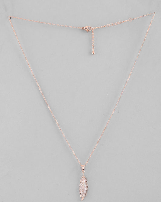 VOJ Rose Gold-Polished Chain With AD Studded Leaf Shaped Pendent | Swadesiicart