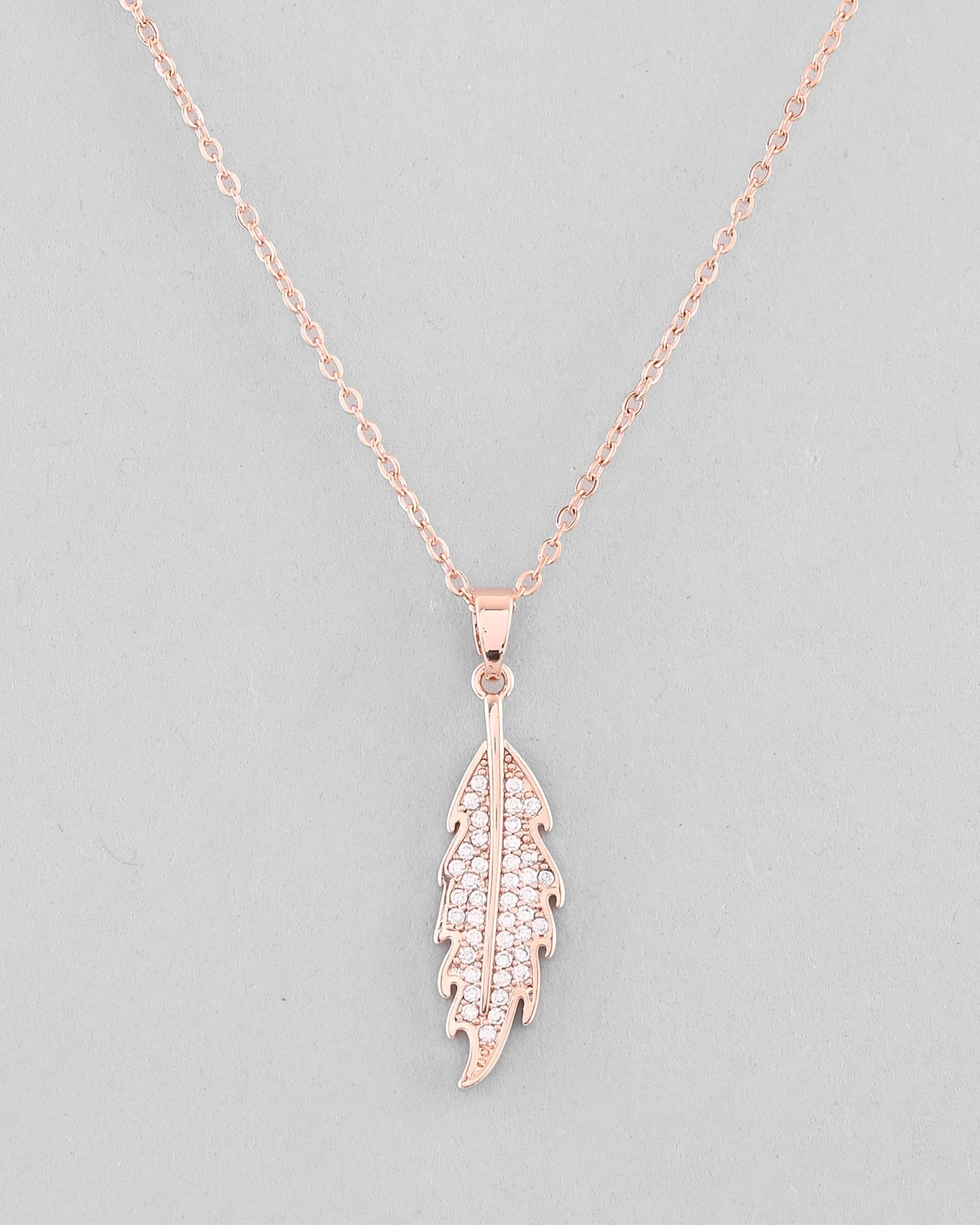 VOJ Rose Gold-Polished Chain With AD Studded Leaf Shaped Pendent | Swadesiicart