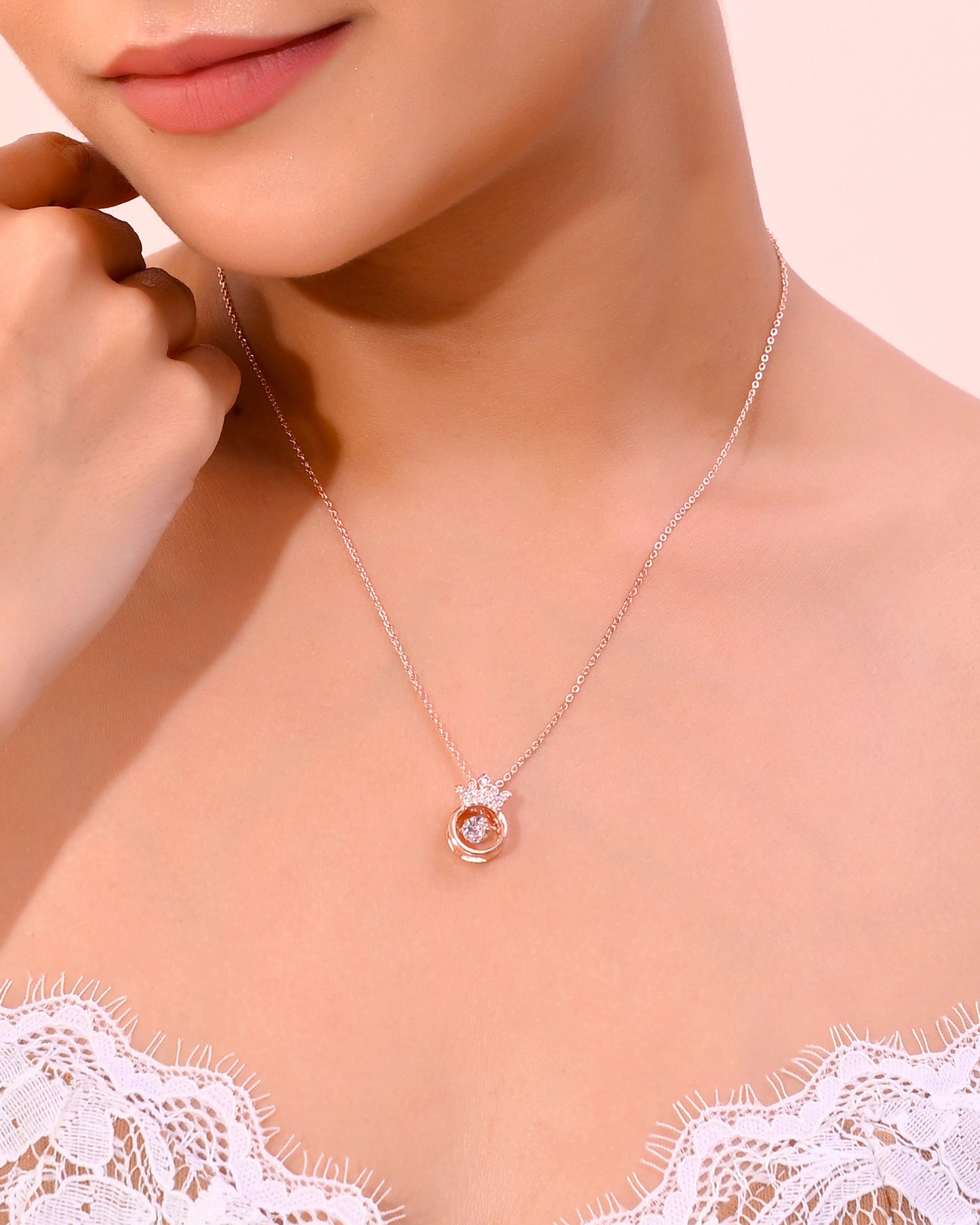 VOJ Rose Gold-Polished Chain With AD Studded crown Shaped Pendent | Swadesiicart